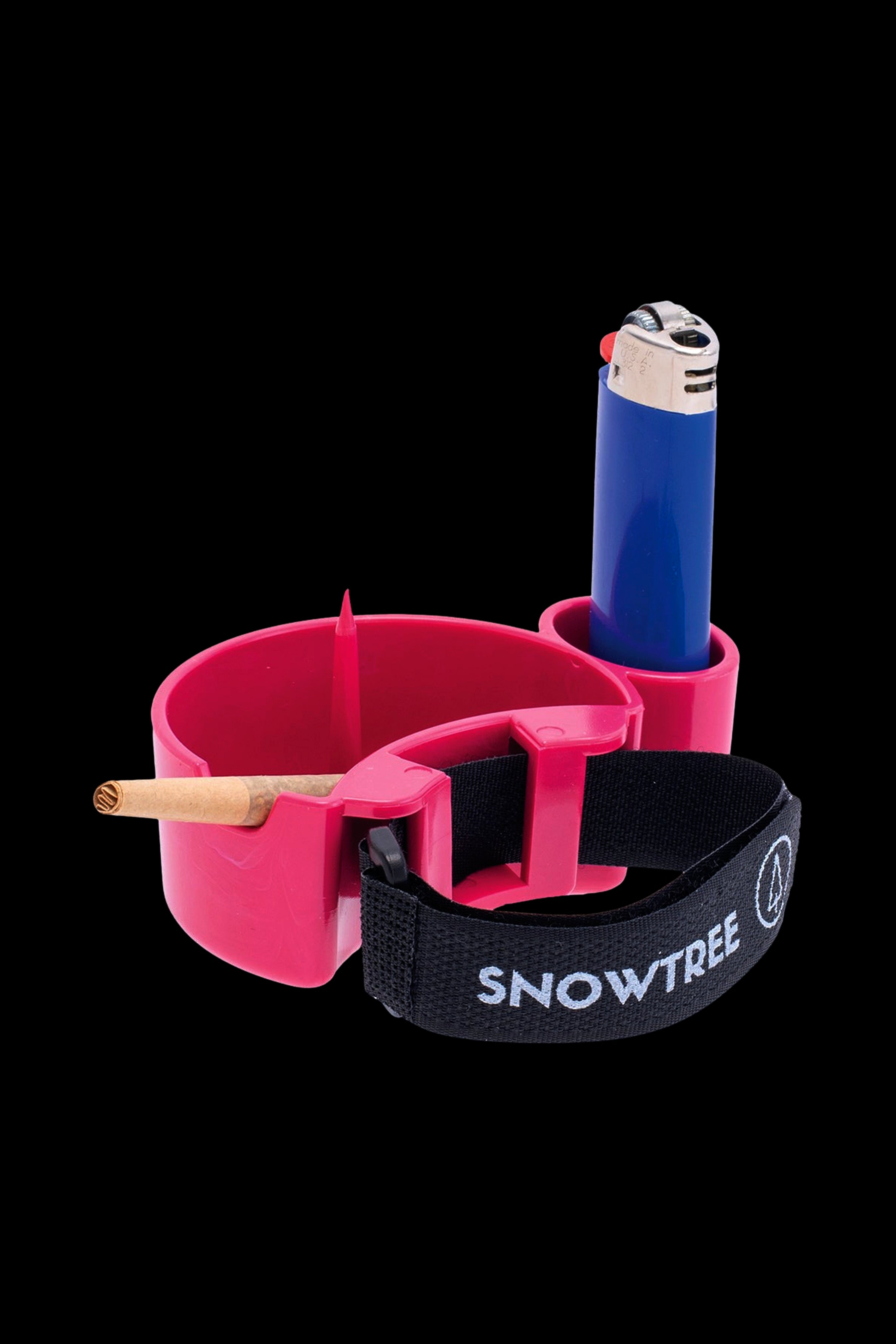 Pink cannabis smoking kit with a joint, lighter, and branding.