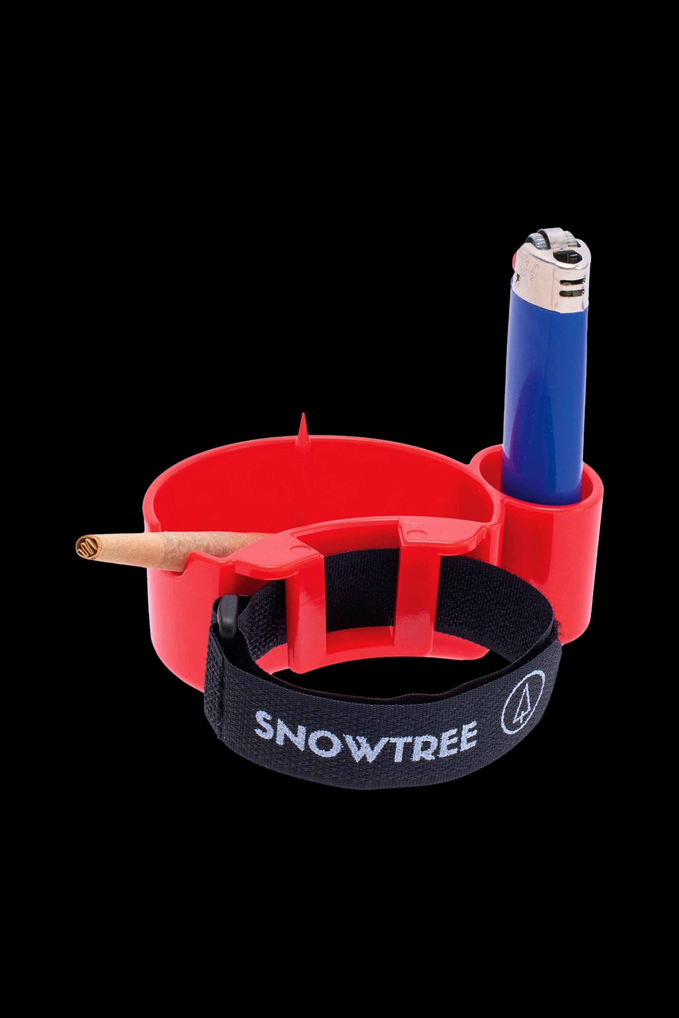 Red cannabis smoking kit with a joint and lighter, branded “Snowtree”.