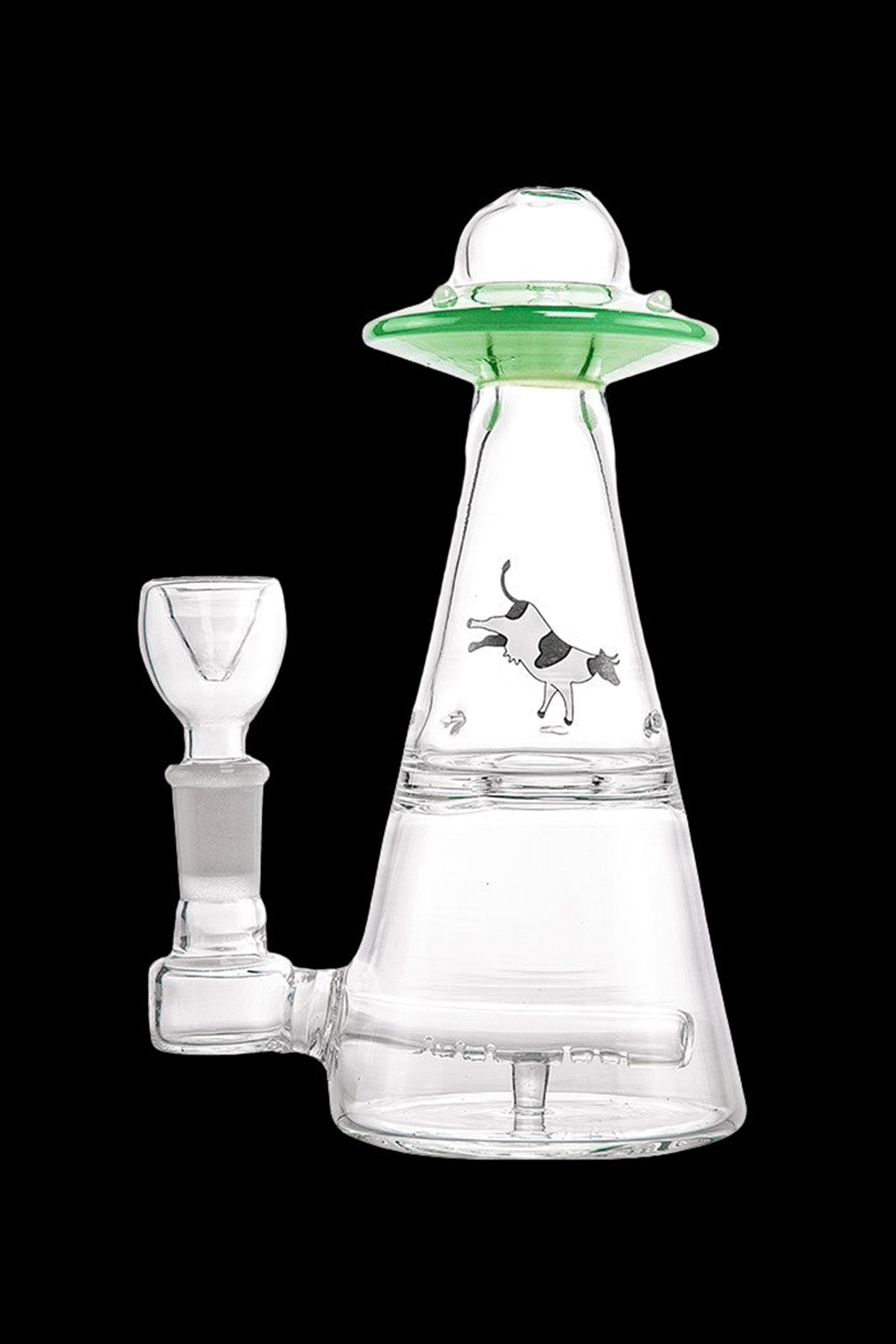 Clear glass rig shaped like a UFO with a cow illustration, accompanied by a glass bowl.