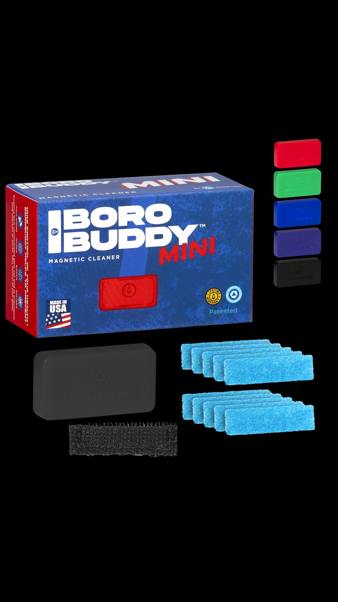 Boro Buddy Mini magnetic cleaner kit for glass pipes, with blue cleaning pads and a box labeled "Made in USA".