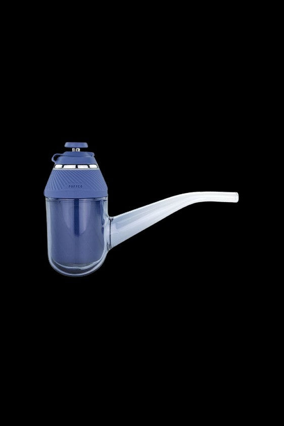 Blue glass water pipe for cannabis use.