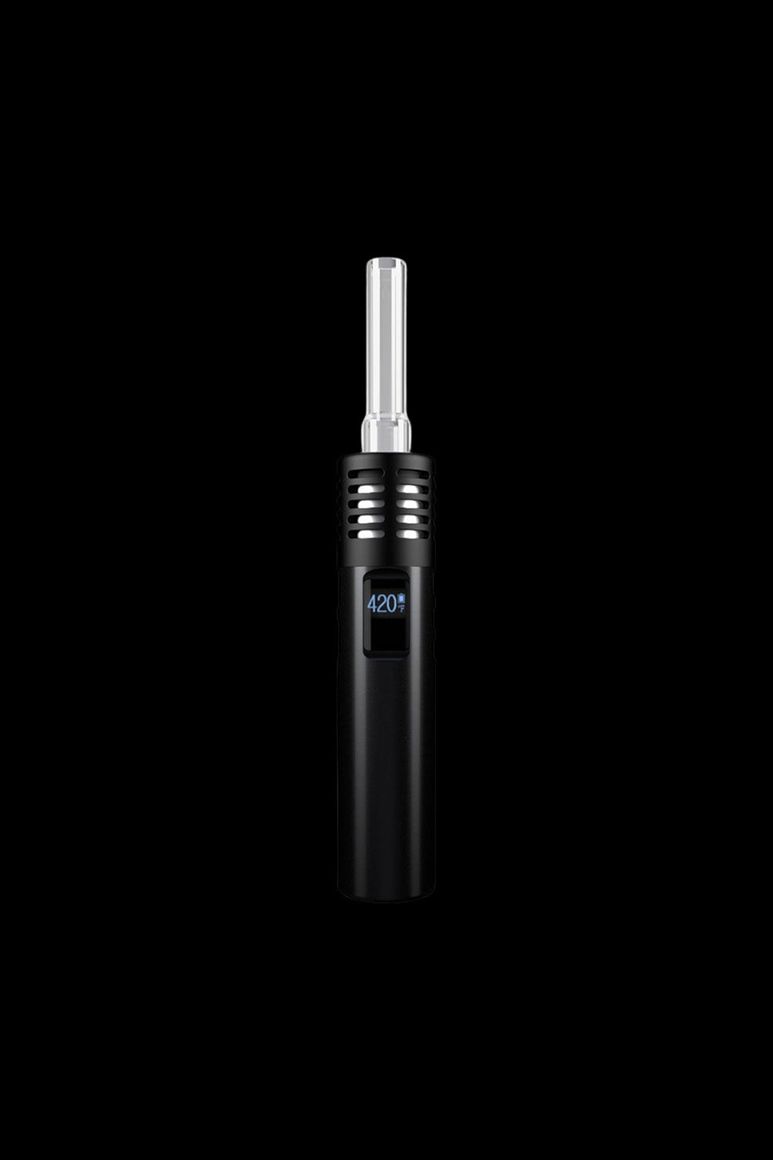 Black butane torch lighter with “420” branding, isolated on a black background.