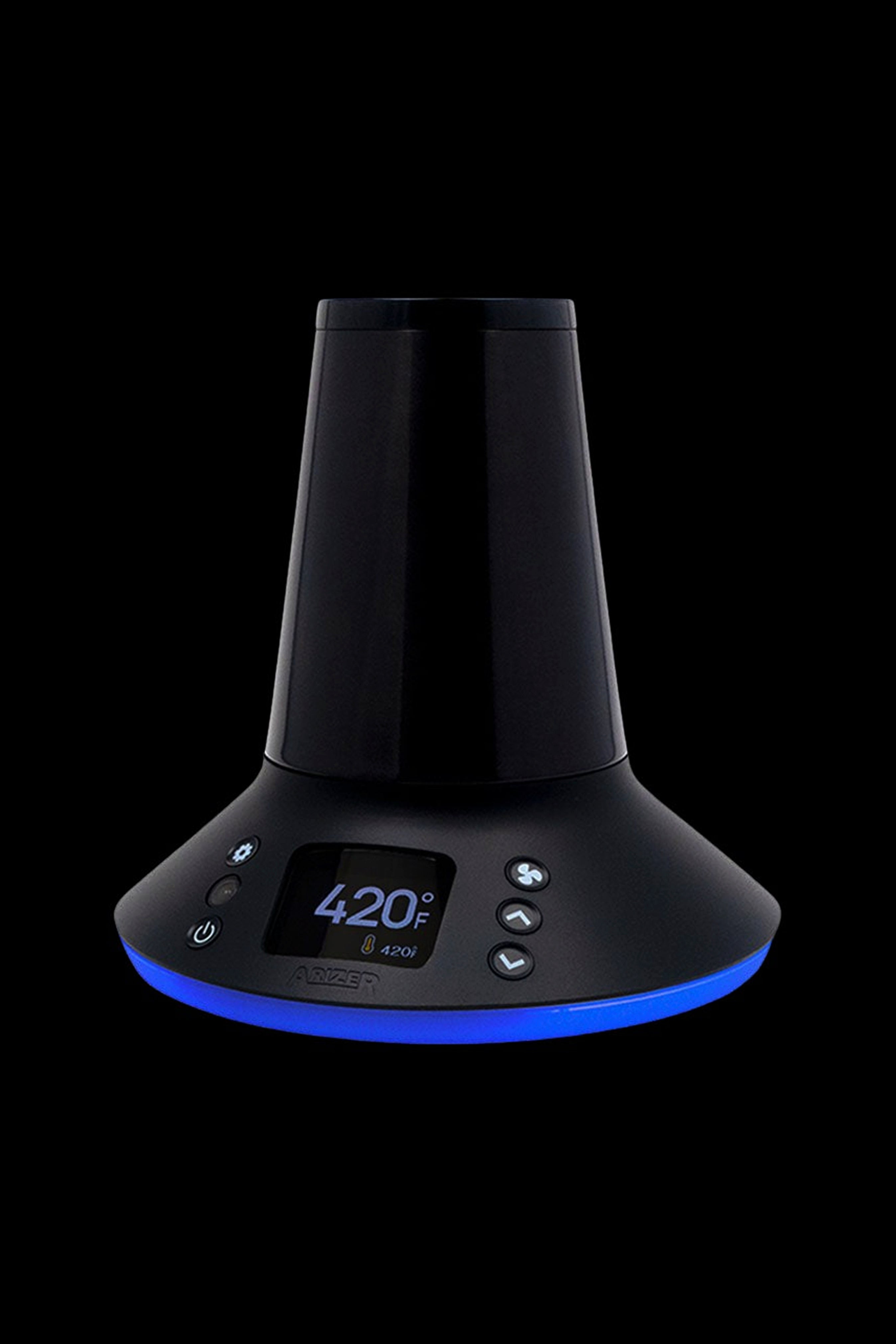 Black cannabis vaporizer with a digital temperature display reading “420°F” and blue accent lighting.