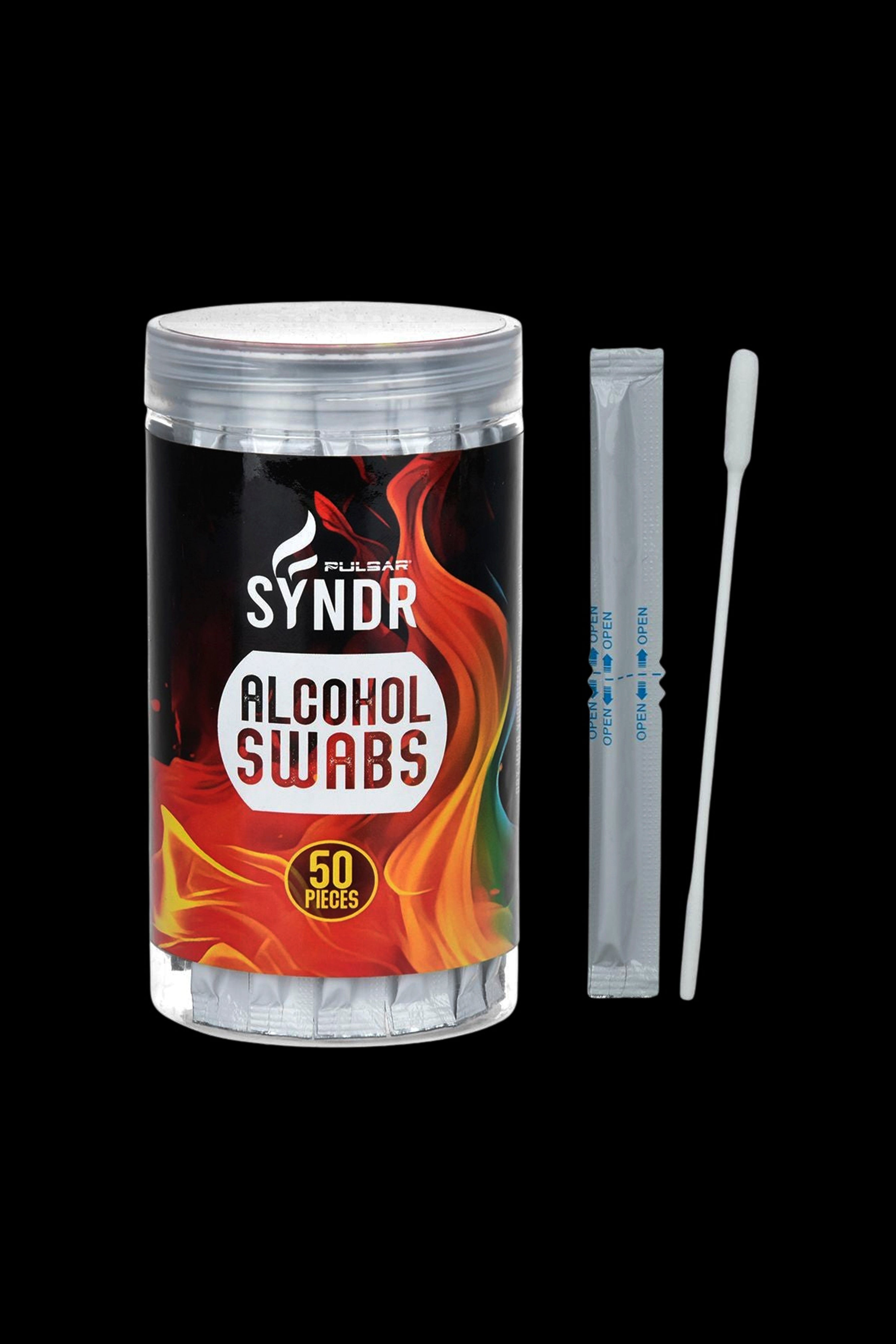Container of Pulsar Syndr alcohol swabs for cleaning cannabis accessories, with two individual swabs displayed.