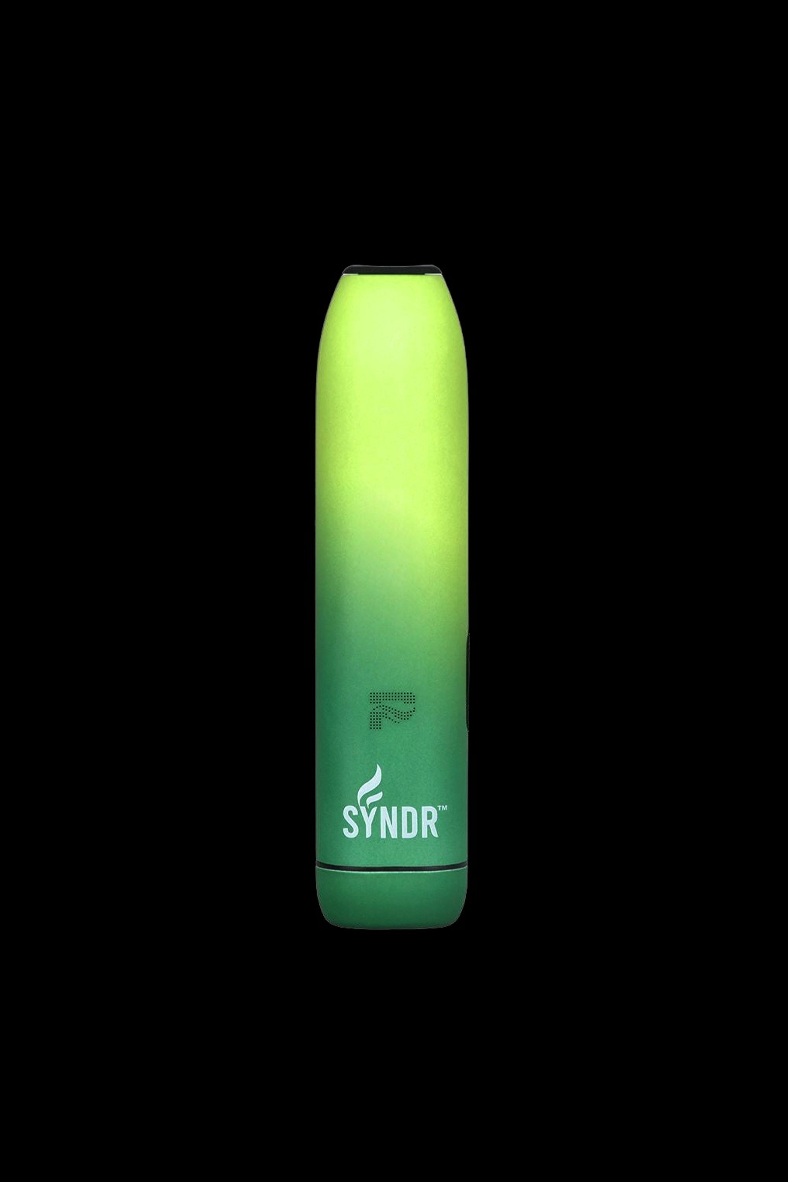 Green cannabis vaporizer pen with “SYNDR” logo.