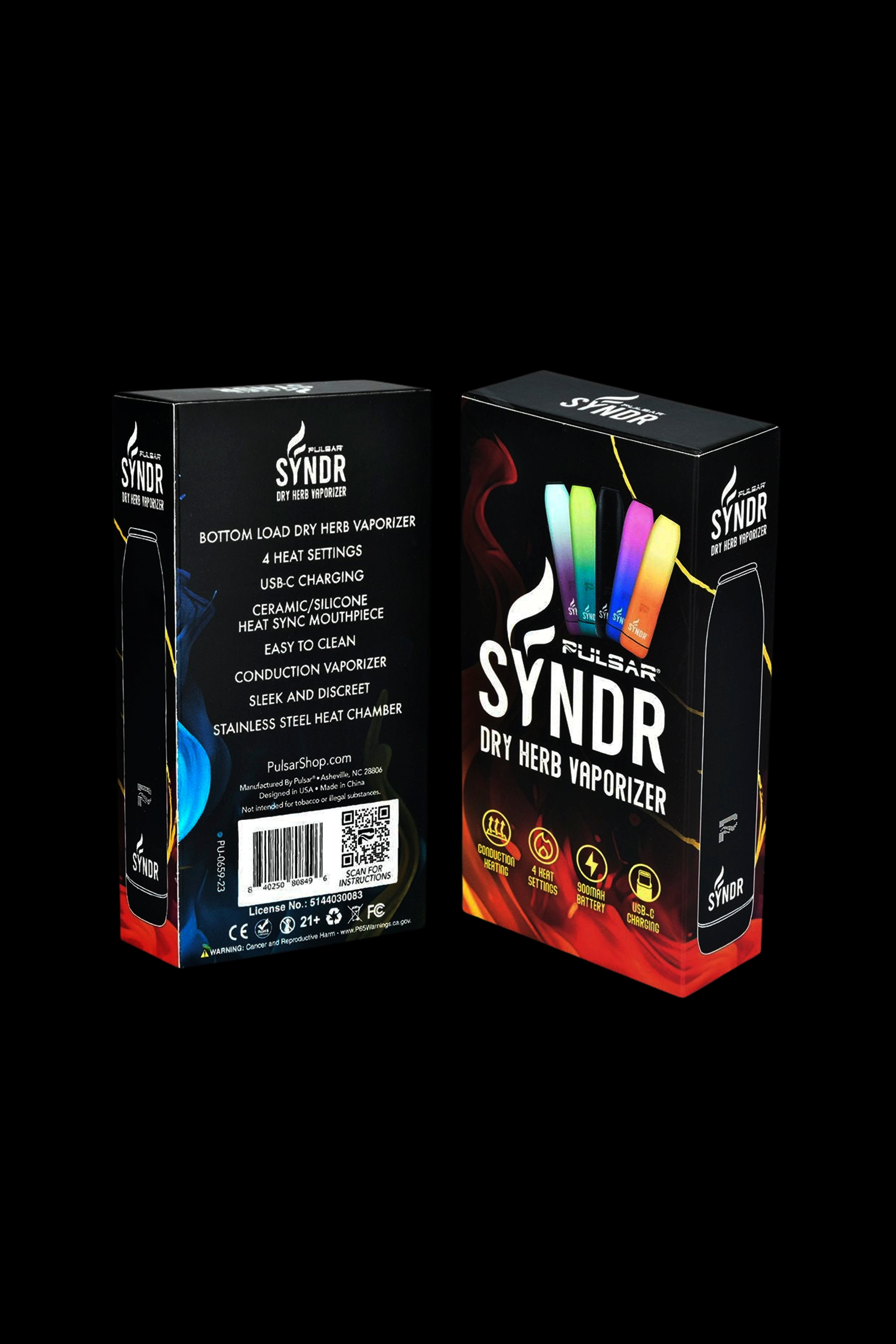 Pulsar SynDr dry herb vaporizer packaging, featuring a red box with product details and a graphic of vapor trails.