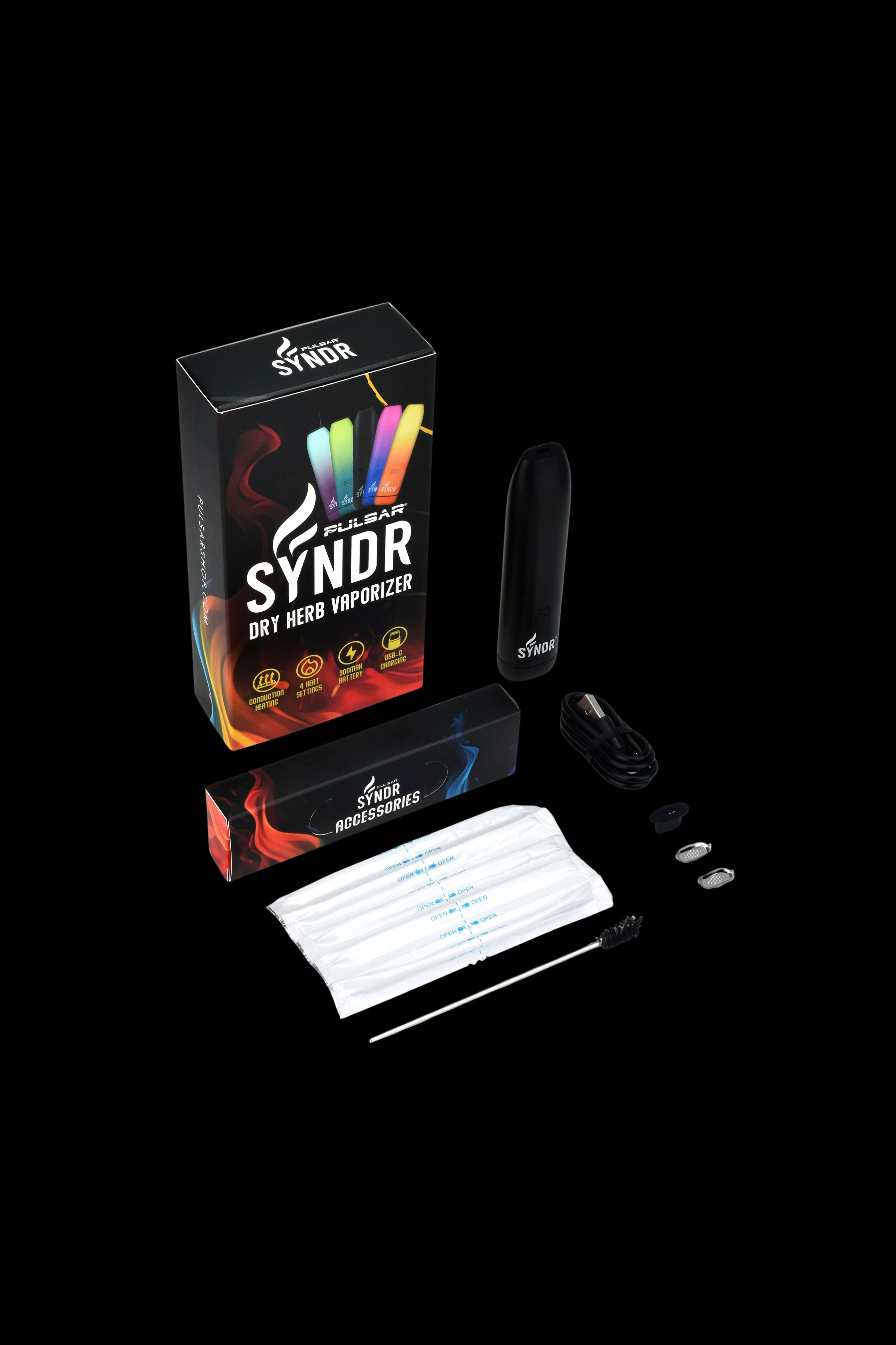 Syndr dry herb vaporizer packaging, mouthpiece, and replacement screens against a black background.