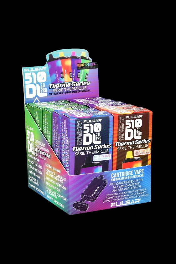 Retail packaging for Pulsar DL Pro Series vape cartridges, displayed on a store shelf.