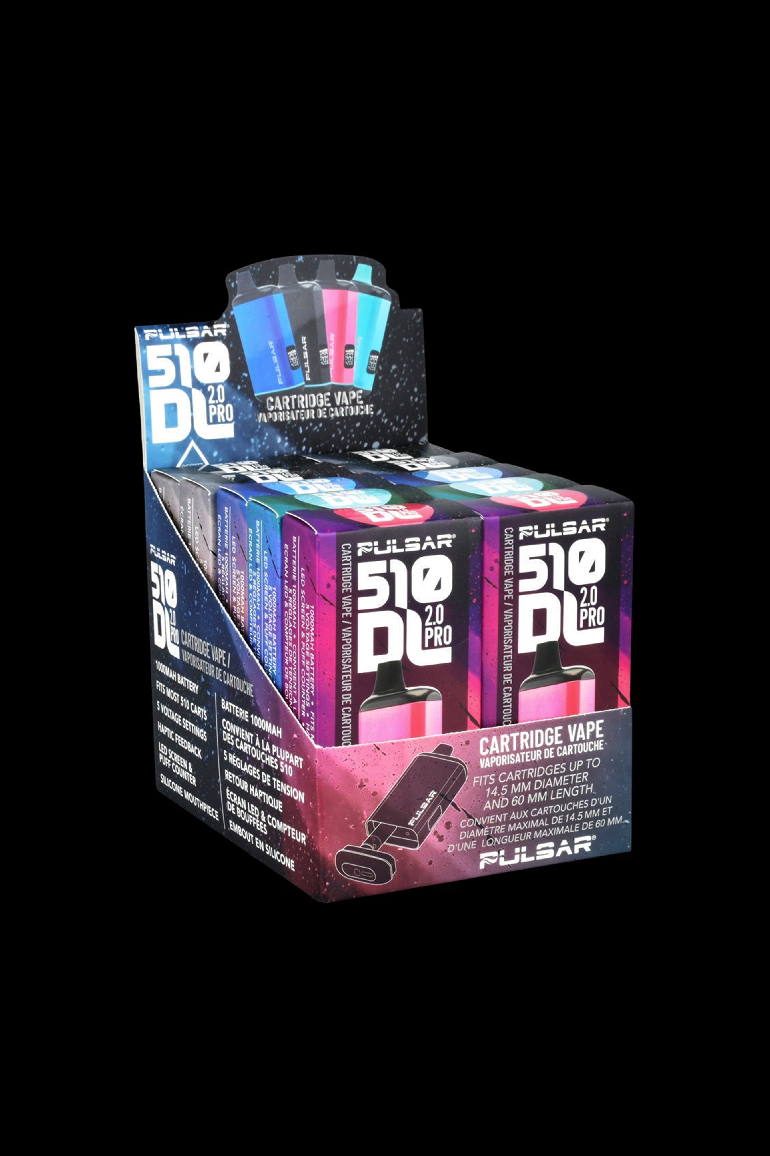 Pulsar 510 DUO Pro vaporizer battery packaging, displaying product features and specifications in English and French.