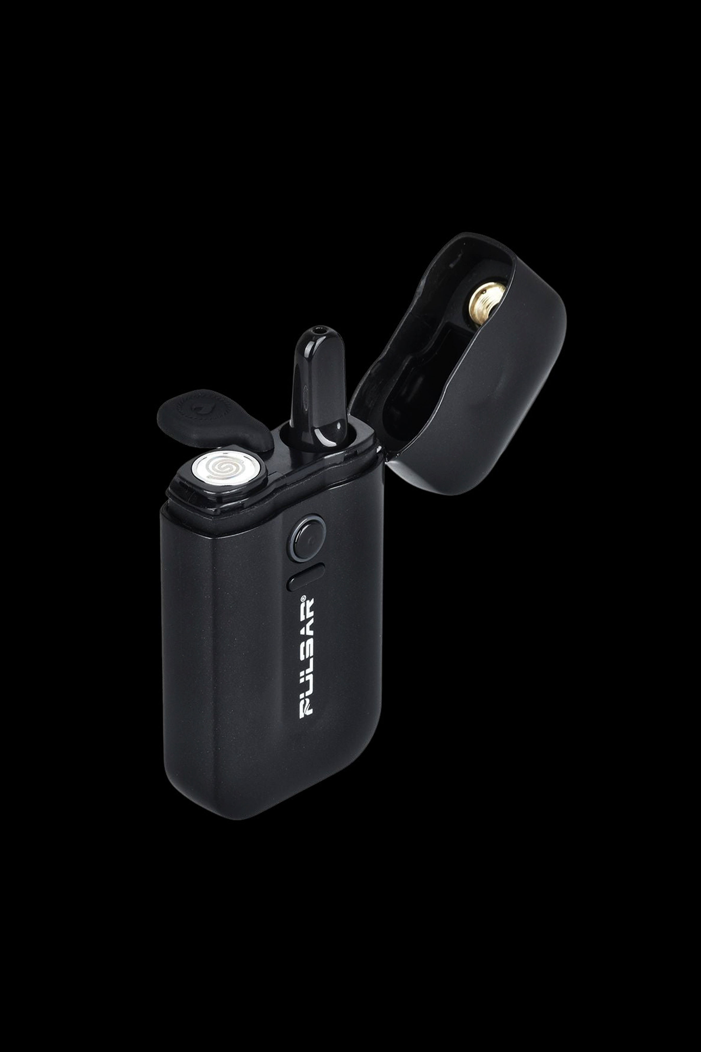 Black Pulsar vaporizer pen with open mouthpiece and charging case.