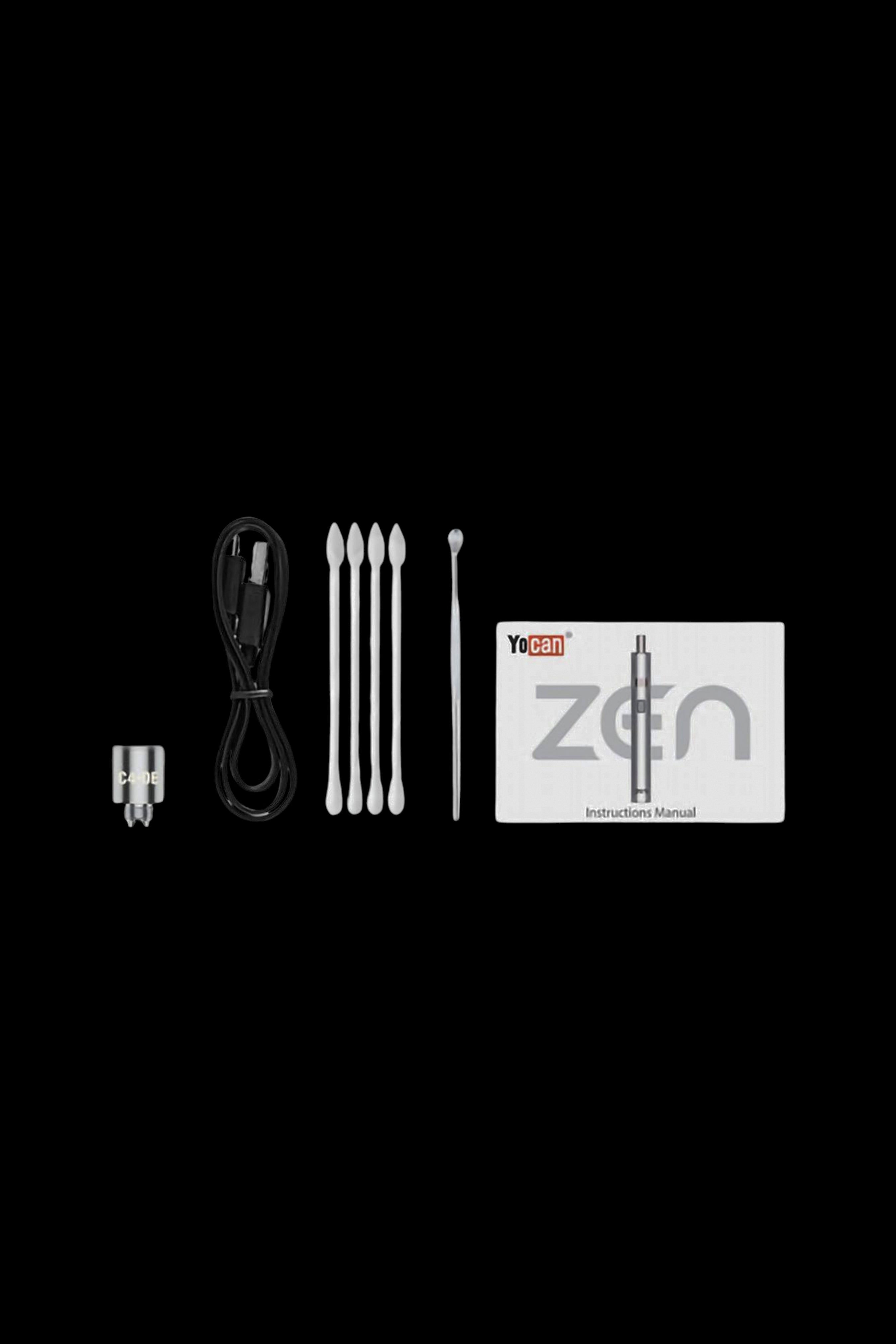 Yocan Zyn cannabis vape pen kit including USB charger, dabbing tool, and instruction manual on a black background.
