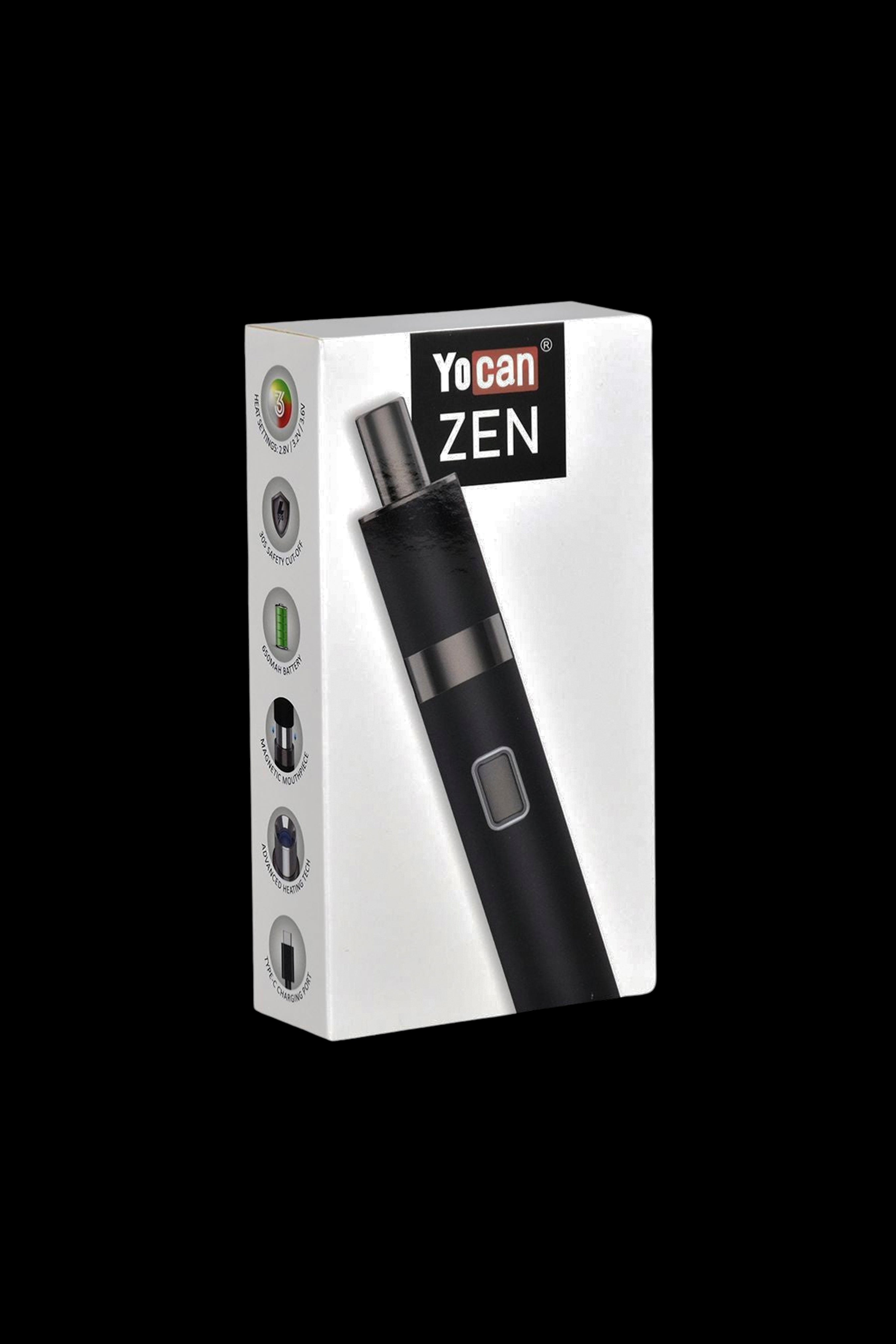 Yocan Zen cannabis vape pen packaging with product illustration and feature list.