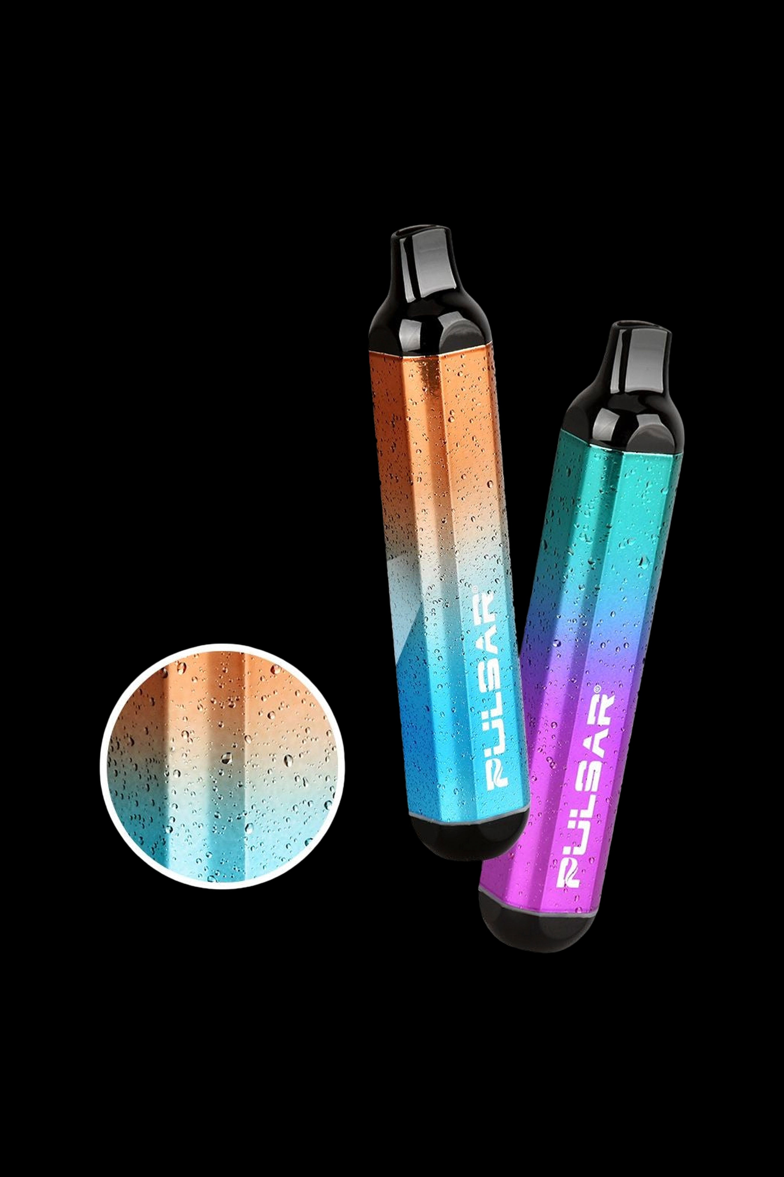 Two Pulsar vaporizers with gradient color schemes and a close-up product shot, against a black background.