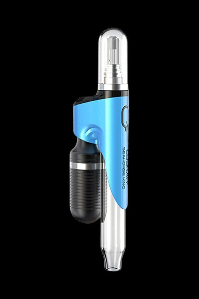Blue and silver cannabis oil vape pen with glass cartridge.