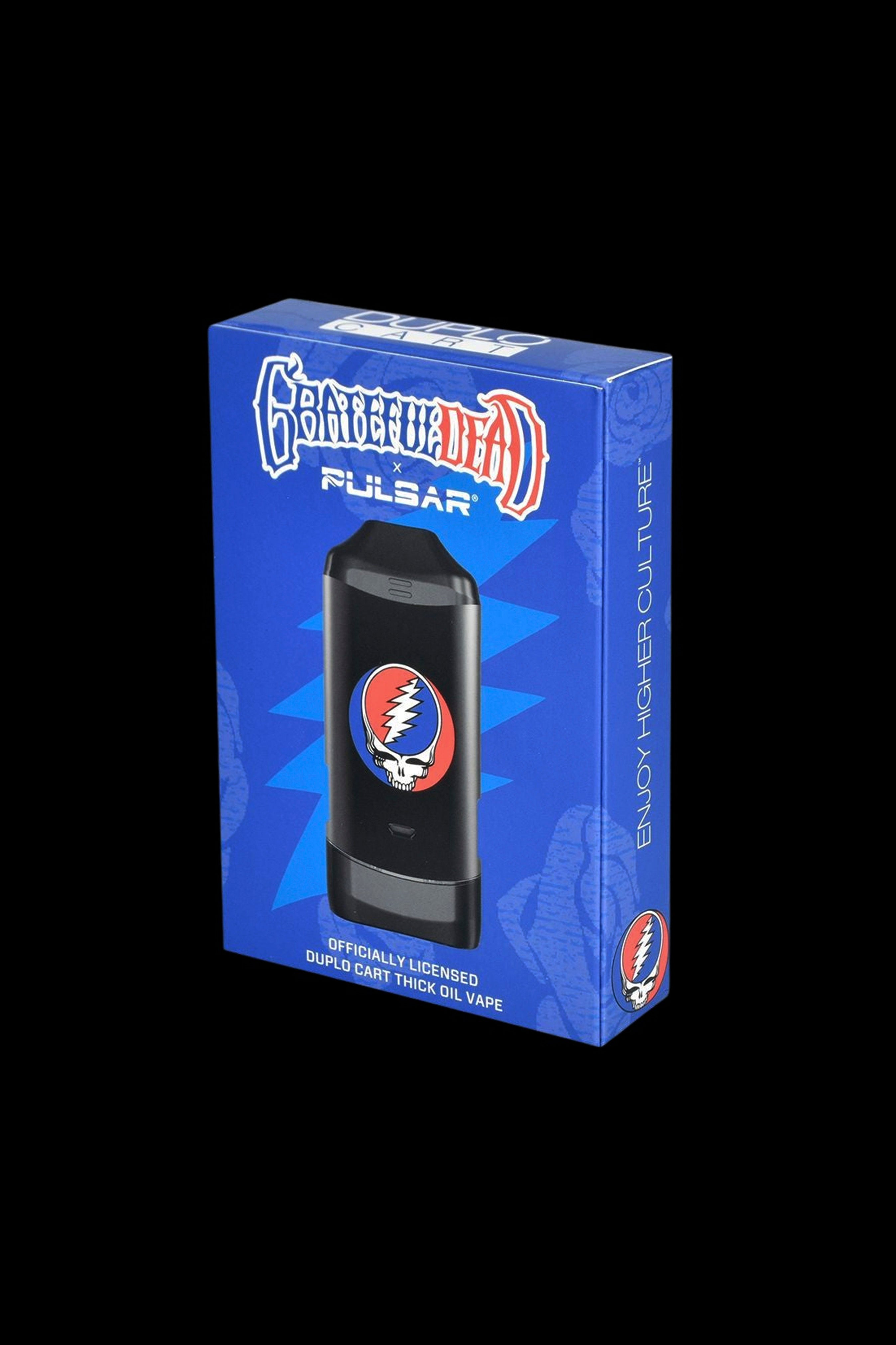 Grateful Dead-themed Pulsar vape cartridge battery packaging with skull and roses logo.