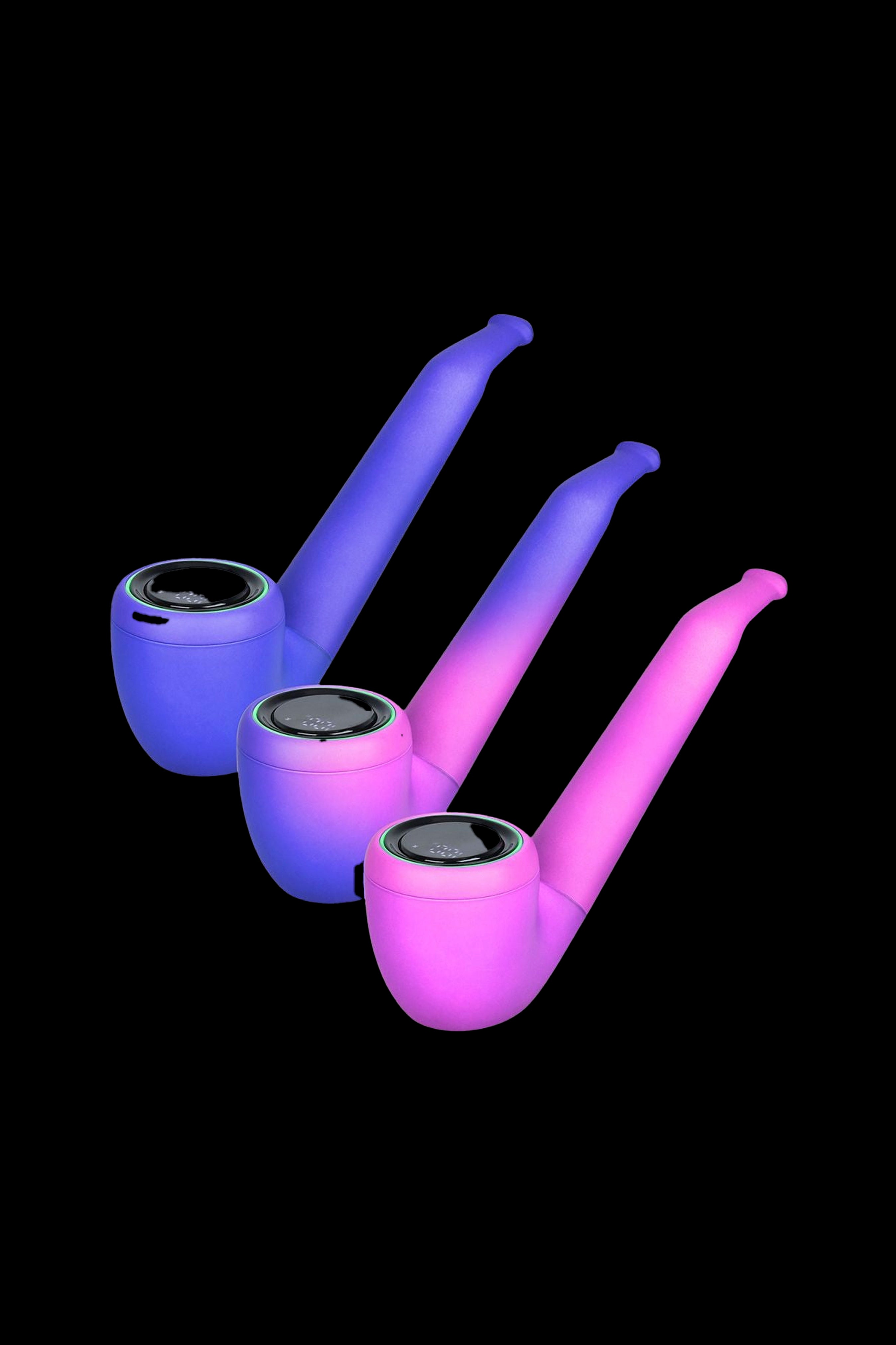 Neon purple and blue glass pipes stacked against a black background.