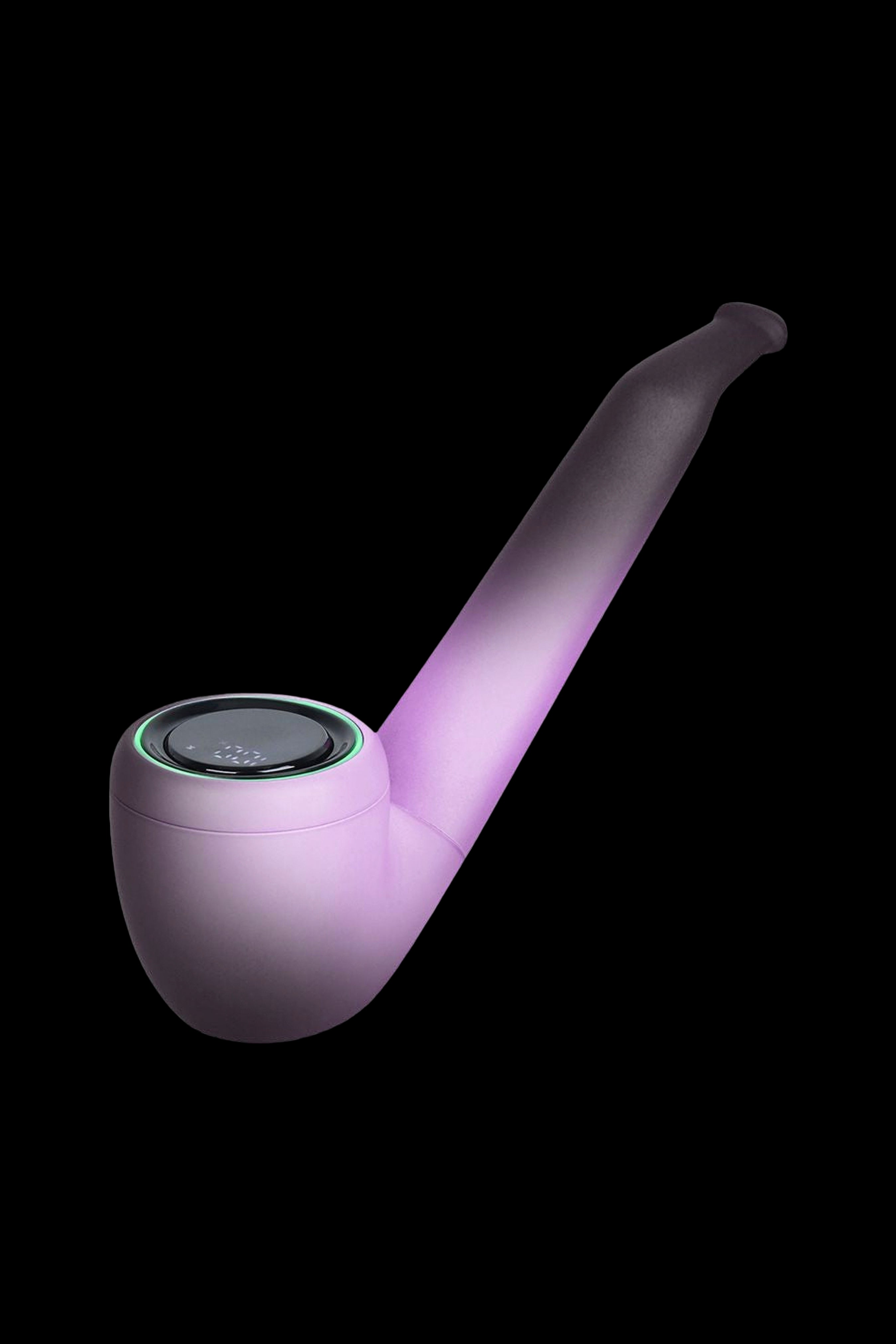 Modern cannabis pipe with glowing purple illumination.