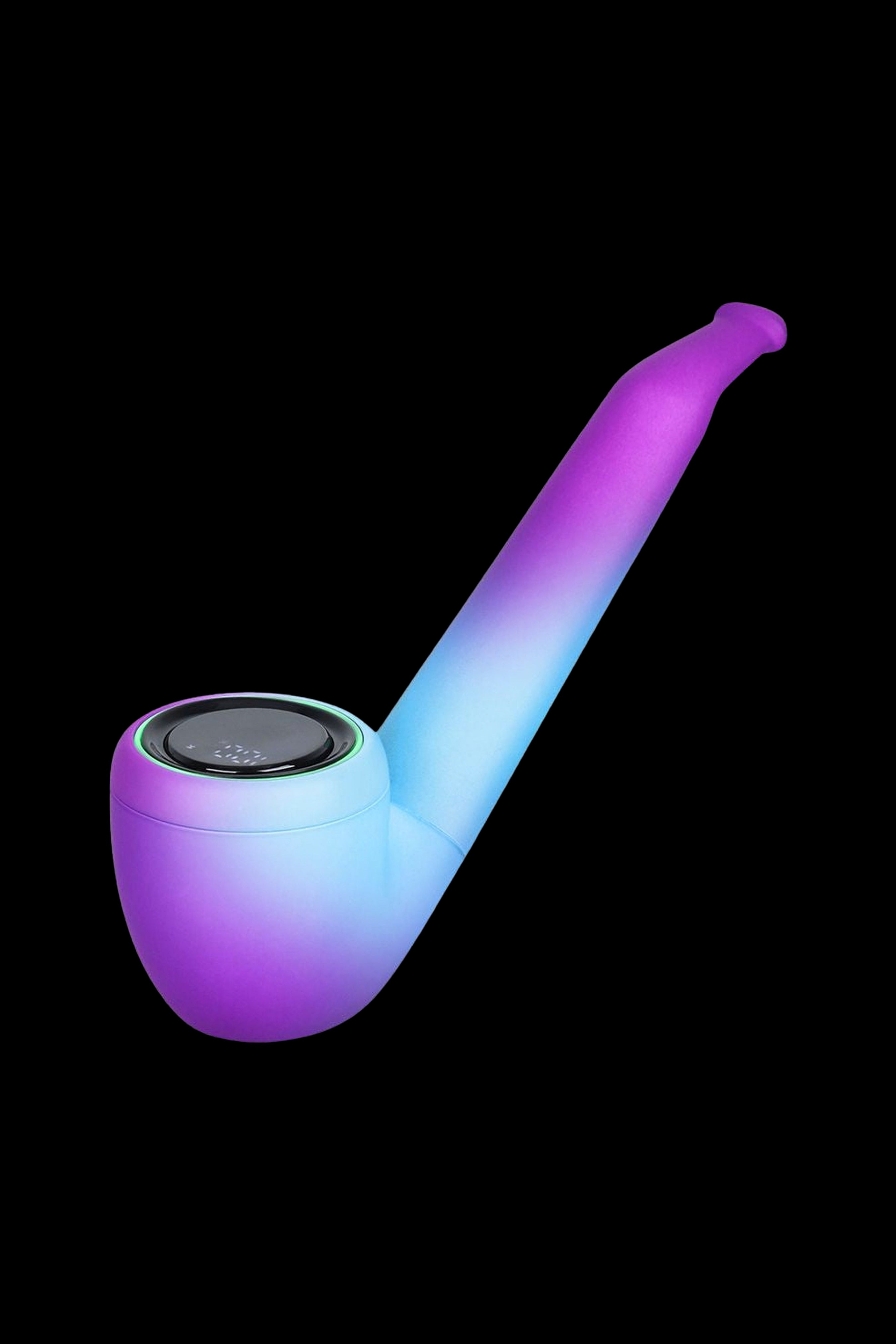Neon-colored electronic dab rig with a glass mouthpiece on a black background.