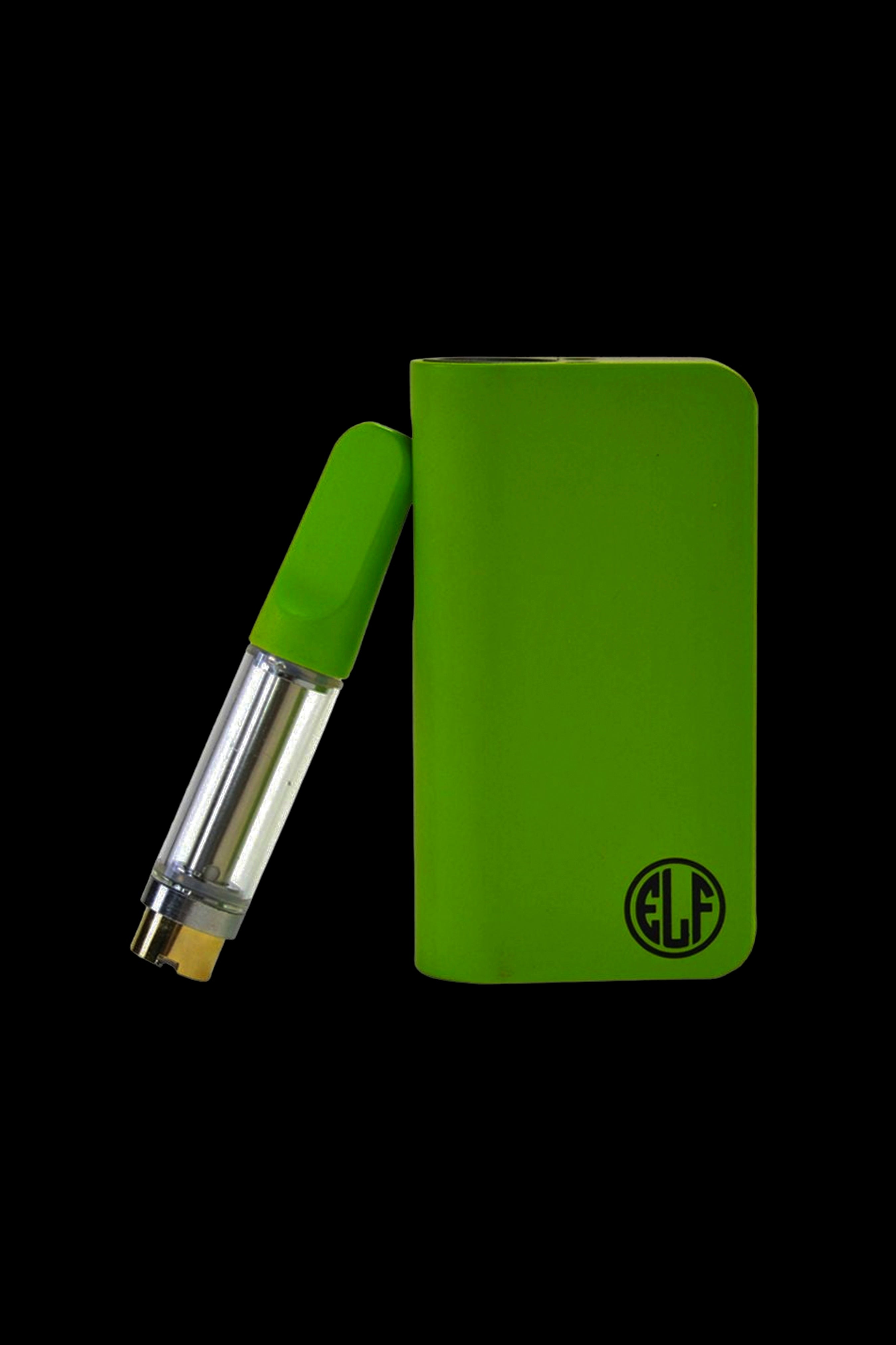 A slightly angled view of the HoneyStick Elf Conceal Auto-Draw Vape Bar, showing its slim, black design against a dark backdrop.