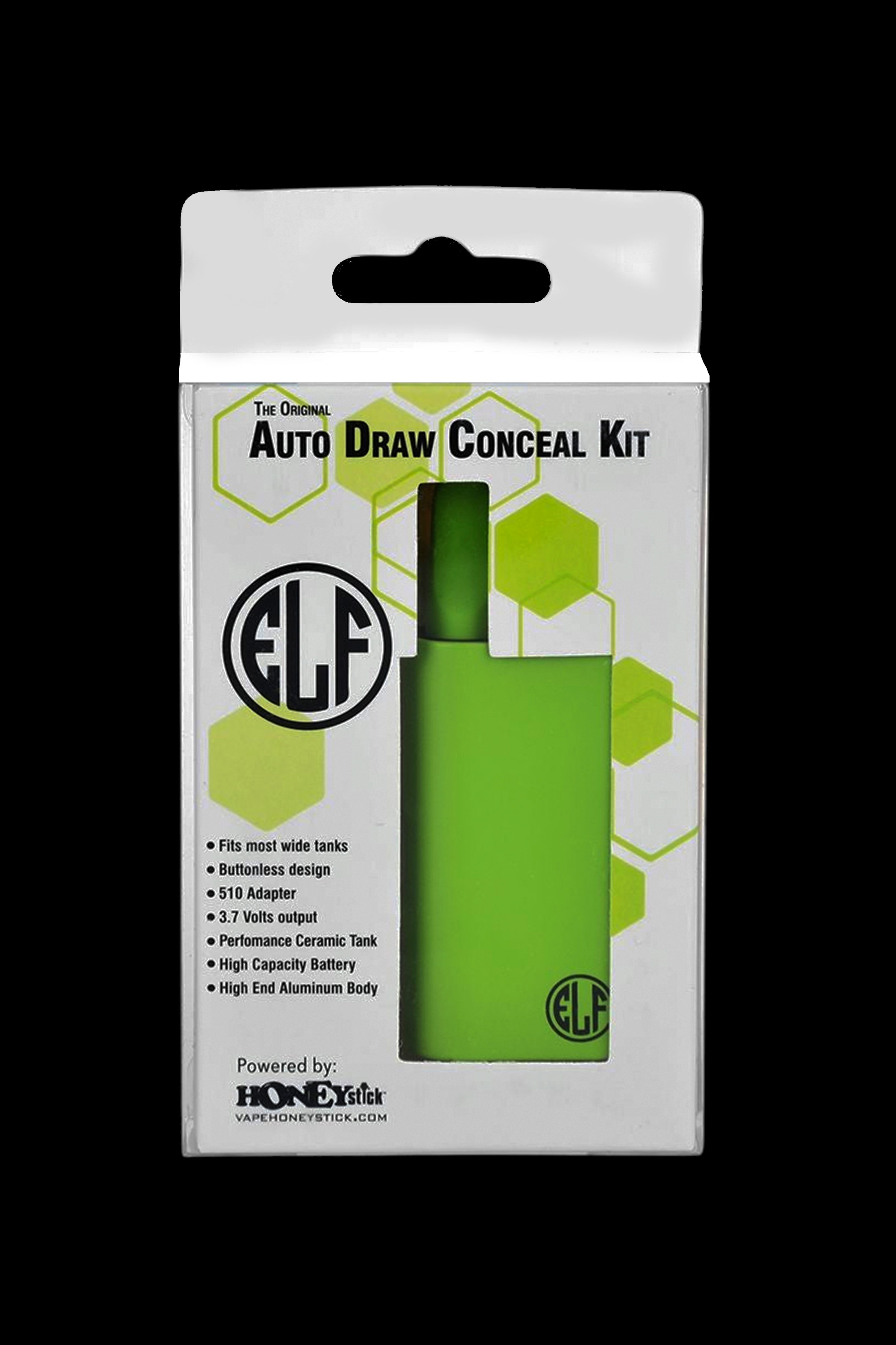 Packaging for “The Original Auto Draw Conceal Kit” by Honey Stick, a vaping device with features listed including a 510 adapter and ceramic tank.