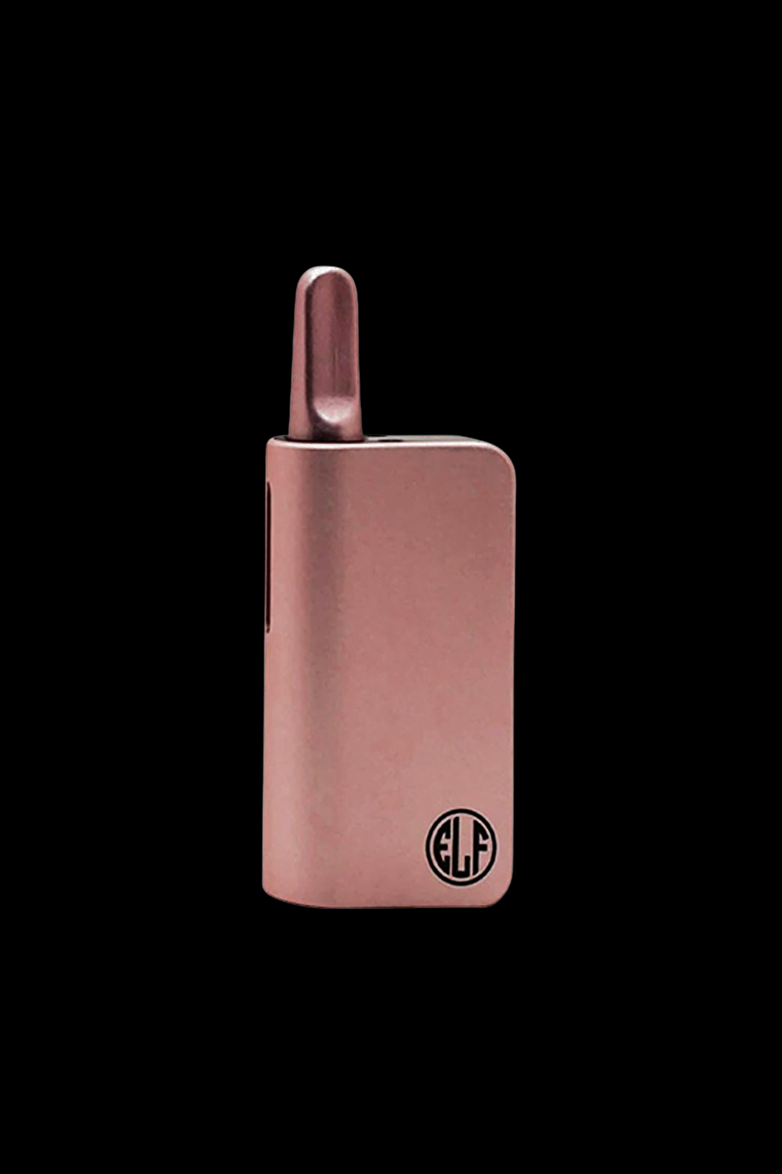 Copper-colored cannabis vape pen with branded logo on a black background.