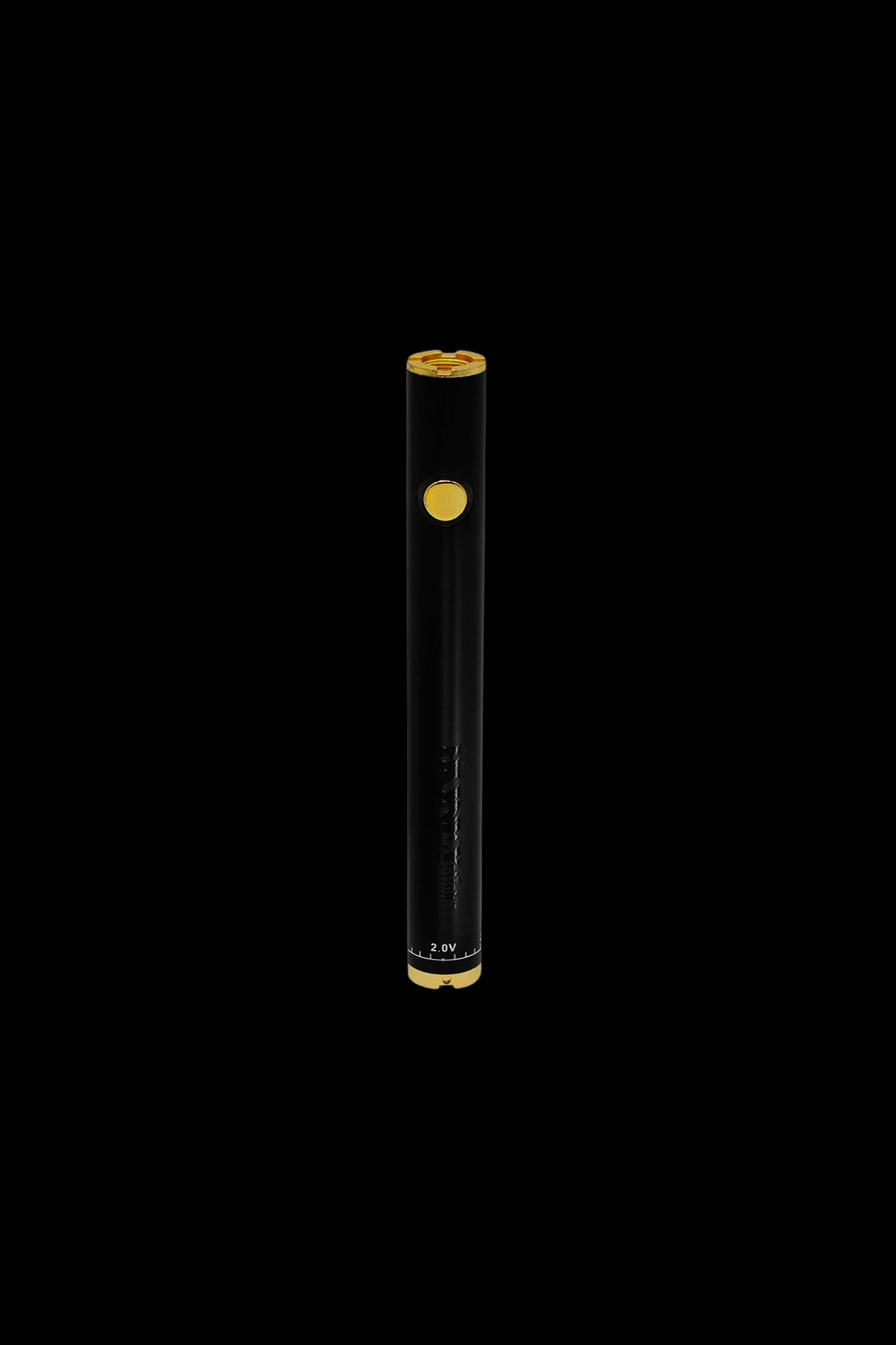 Sleek black and gold cannabis vape pen on a black background.