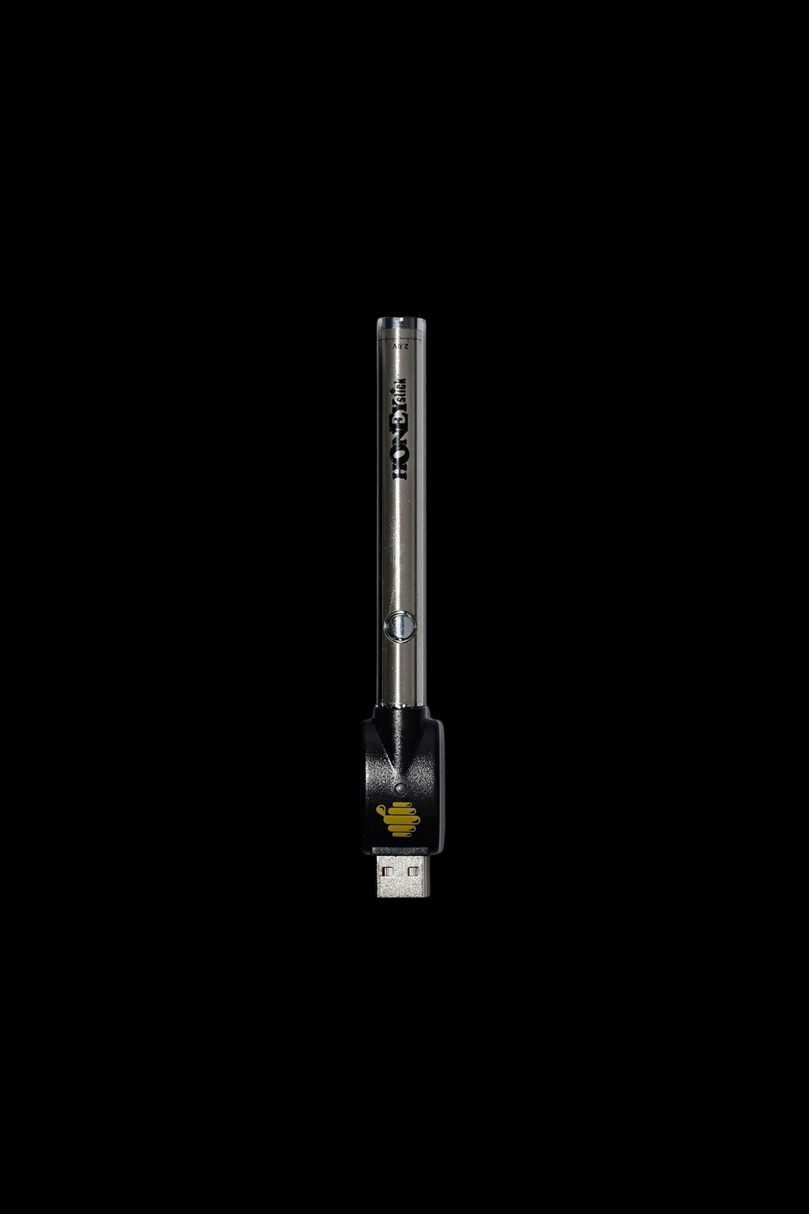 Silver and black cannabis vape pen with a USB charging port.