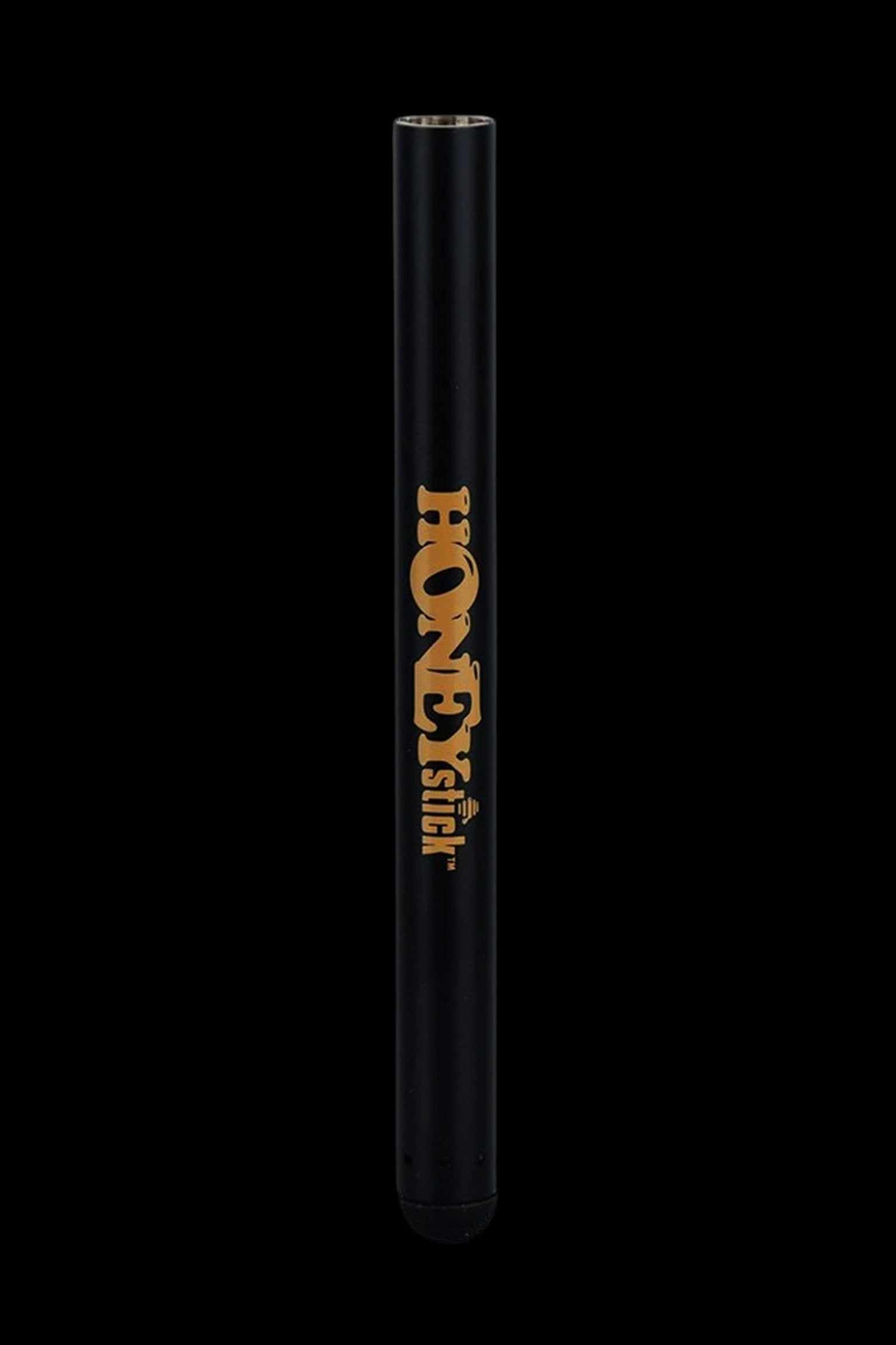 Black HoneyStick vape pen with gold lettering, isolated on a black background.