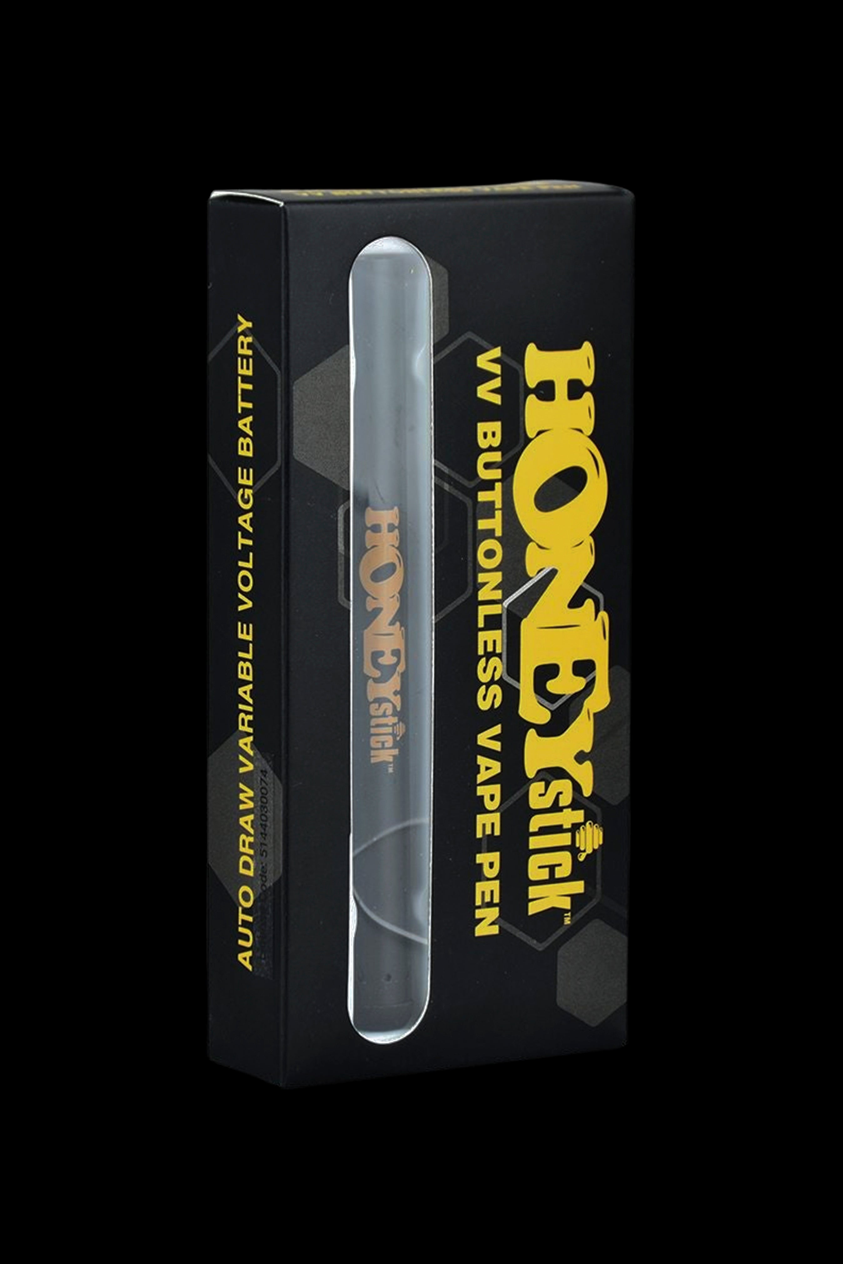 A clear plastic case displaying a “Honey Stick” auto-draw variable voltage vape pen, with branding text on the case.