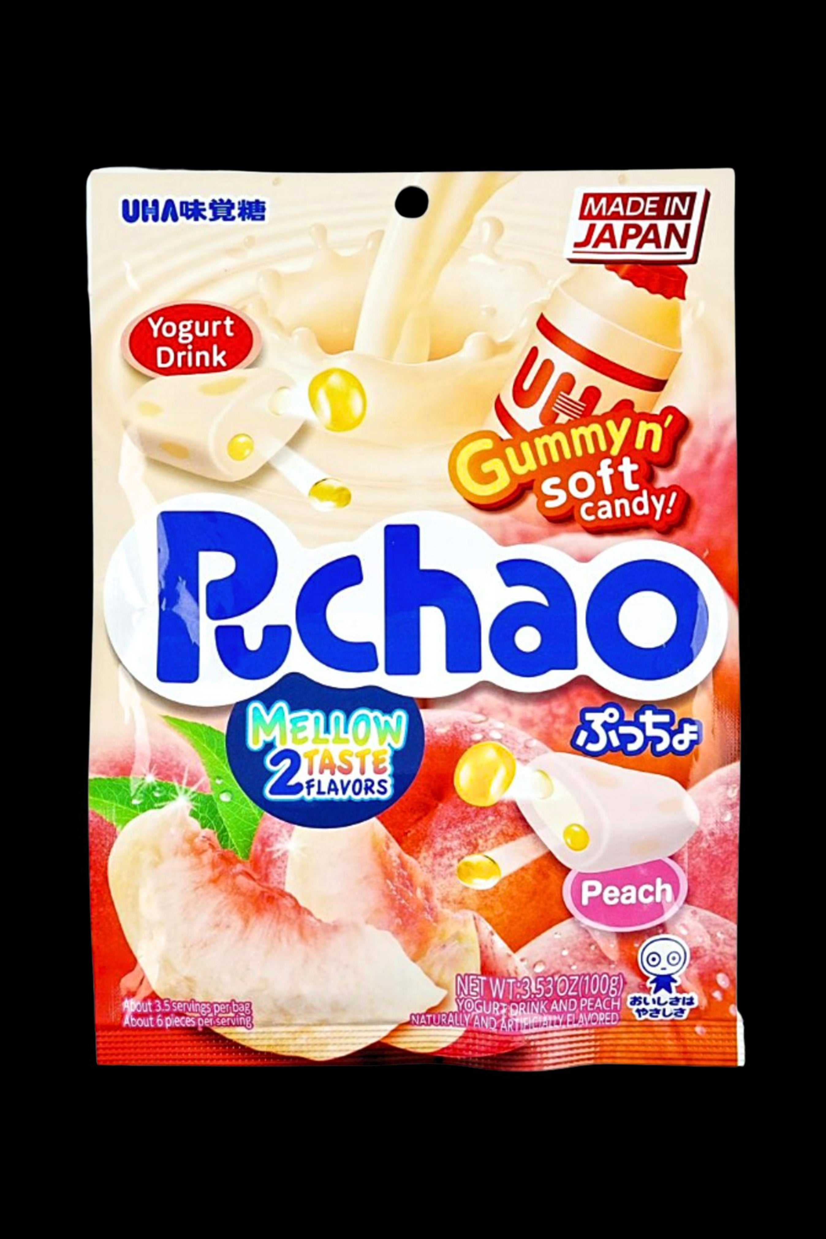 A brightly colored package of “Pchao” gummy candy with peach and yogurt drink flavors, marketed as “Mellow 2 Taste.”