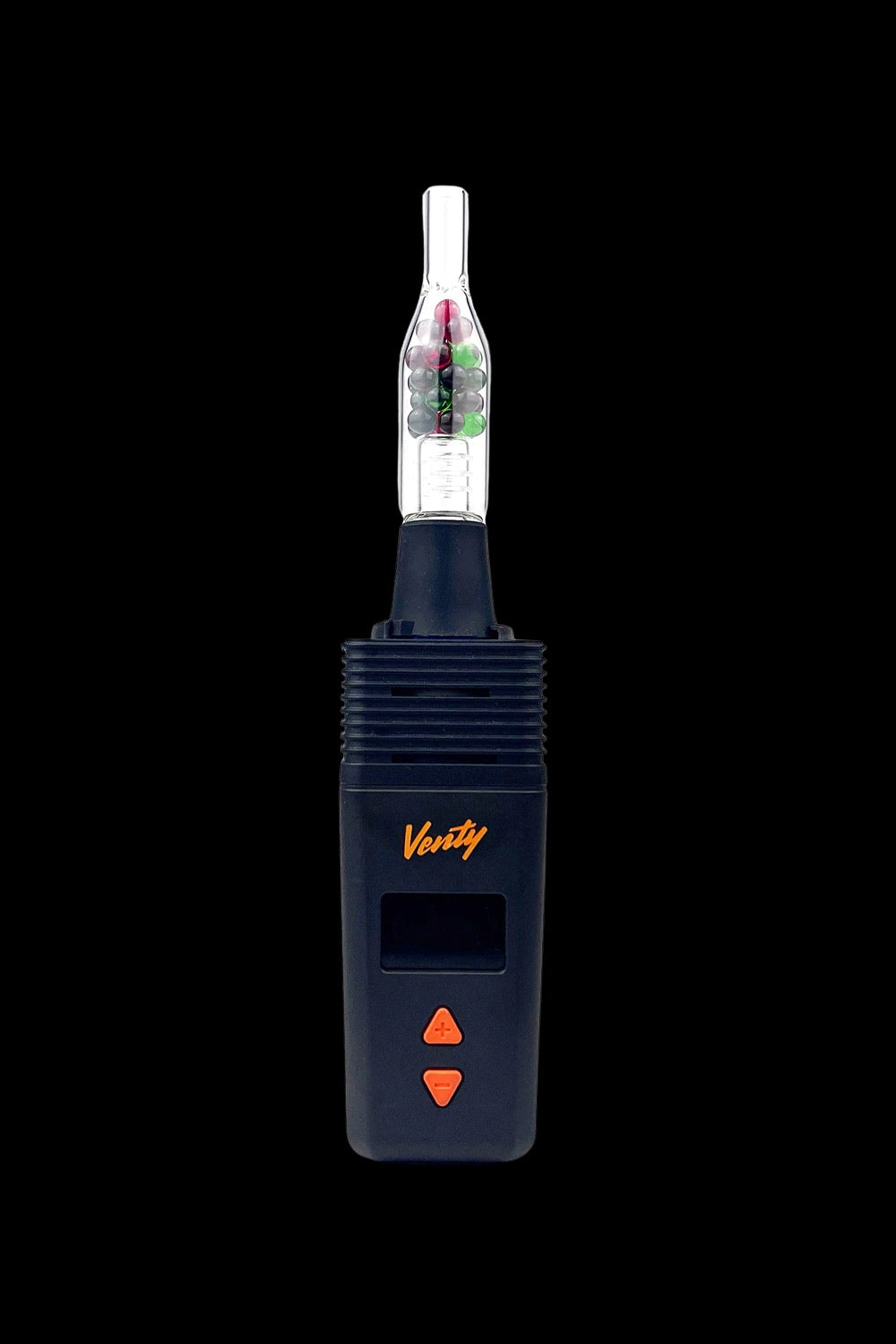 Black and silver “Venty” portable cannabis vaporizer with a glass mouthpiece, displayed against a dark background.