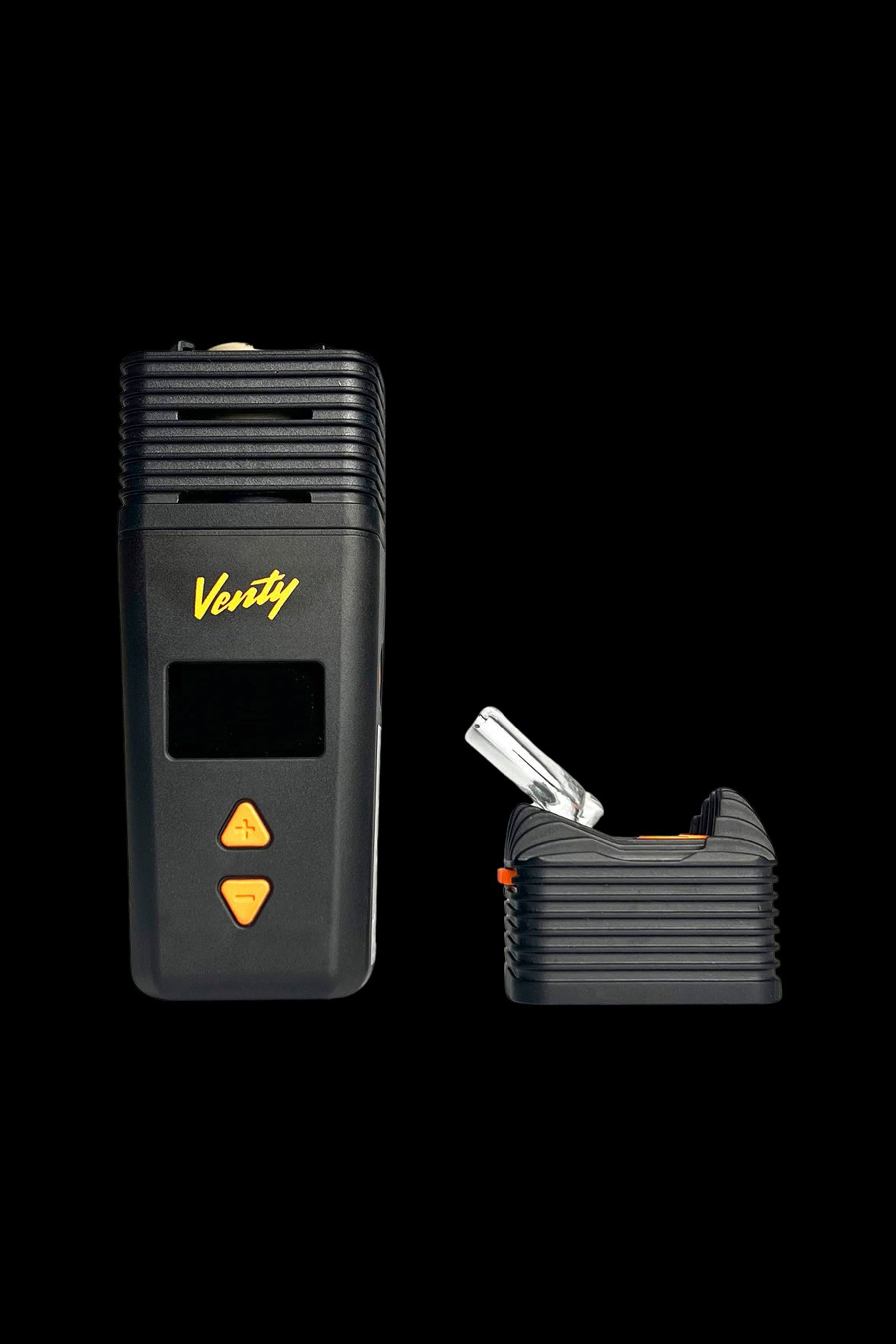Black Ventty portable dry herb vaporizer with open loading chamber.