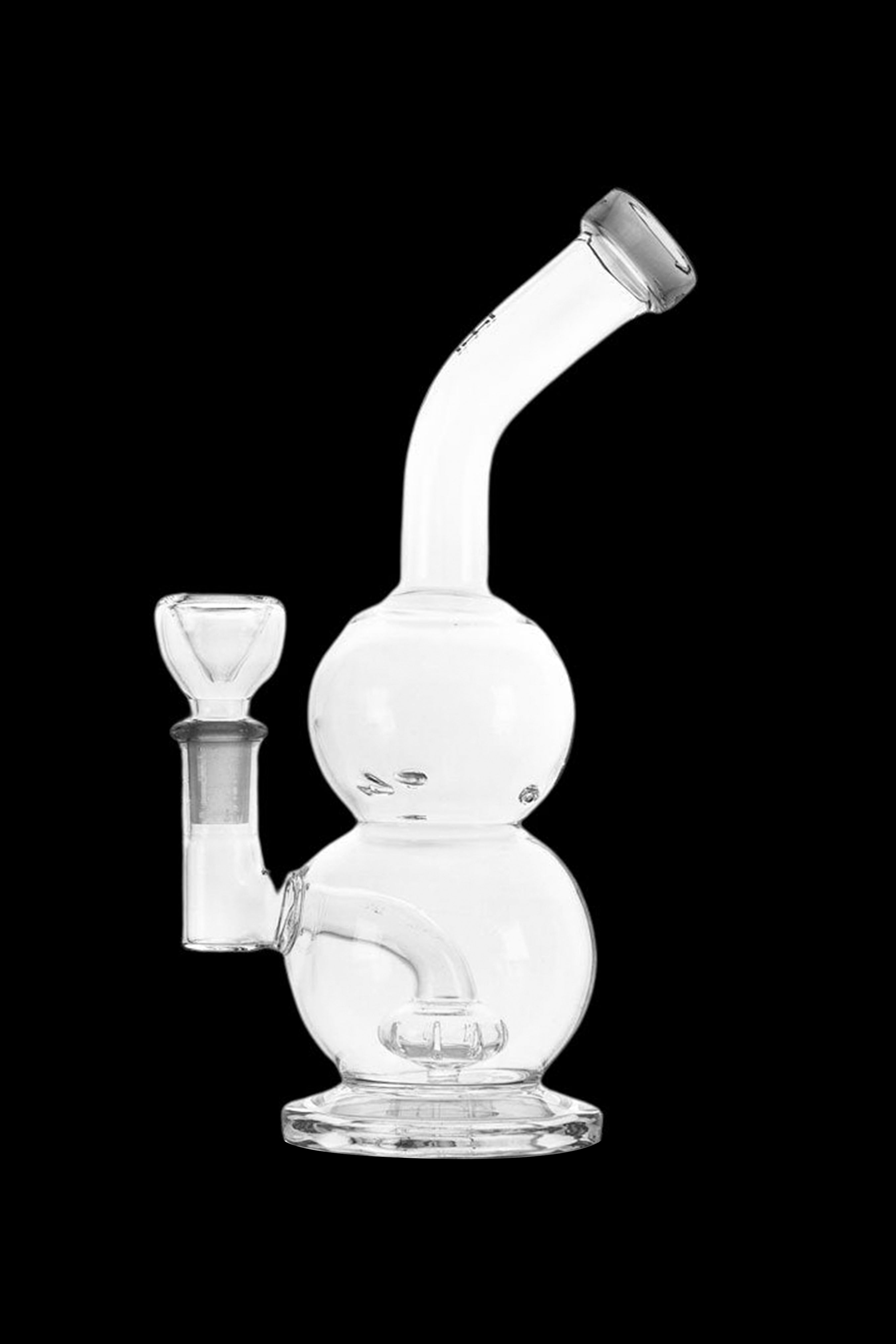 Clear glass bubbler water pipe with a flared base and angled neck.