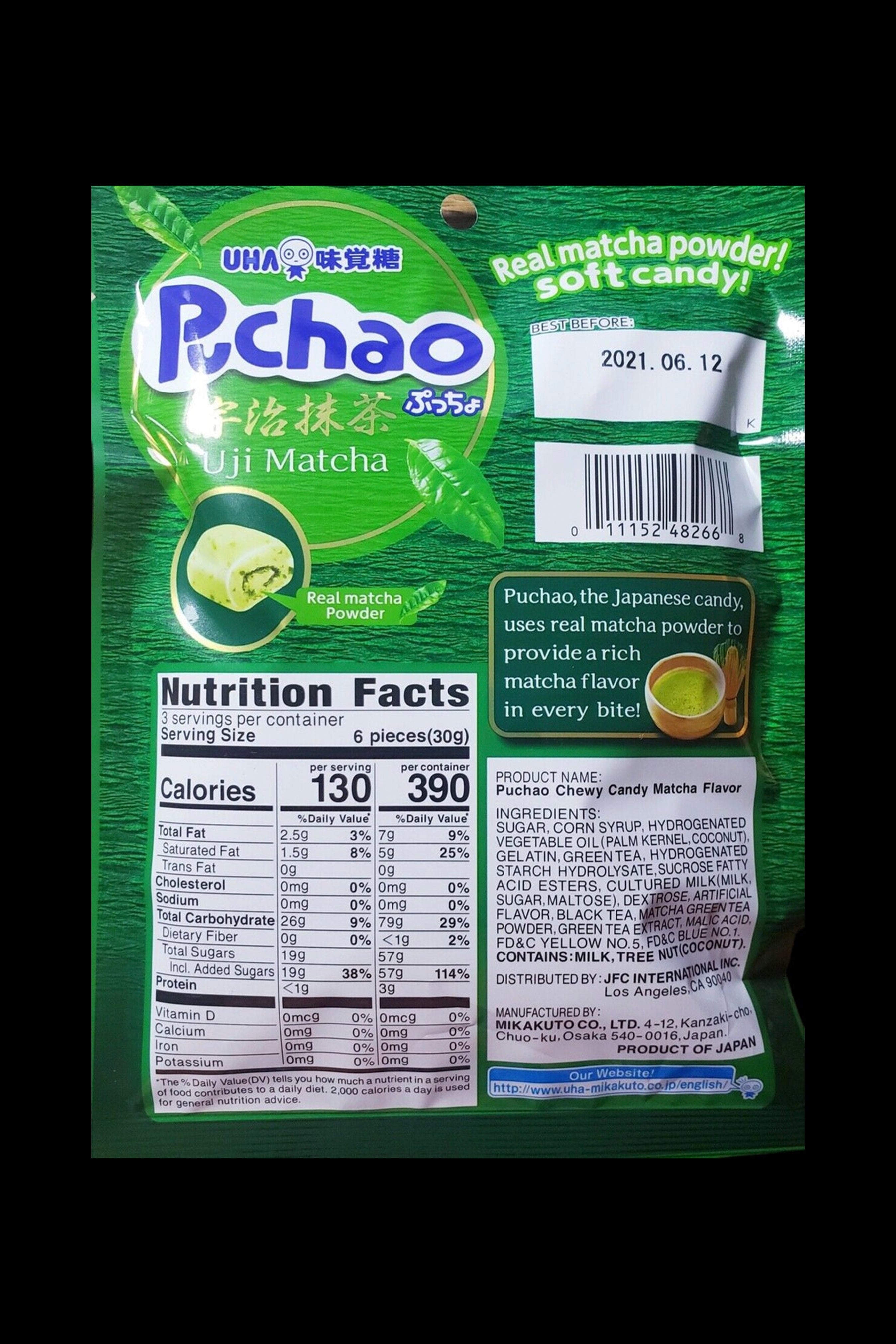 Packaging for Puccho chewy candy in matcha flavor, displaying nutritional information and ingredients, often used as a flavoring agent in cannabis edibles.