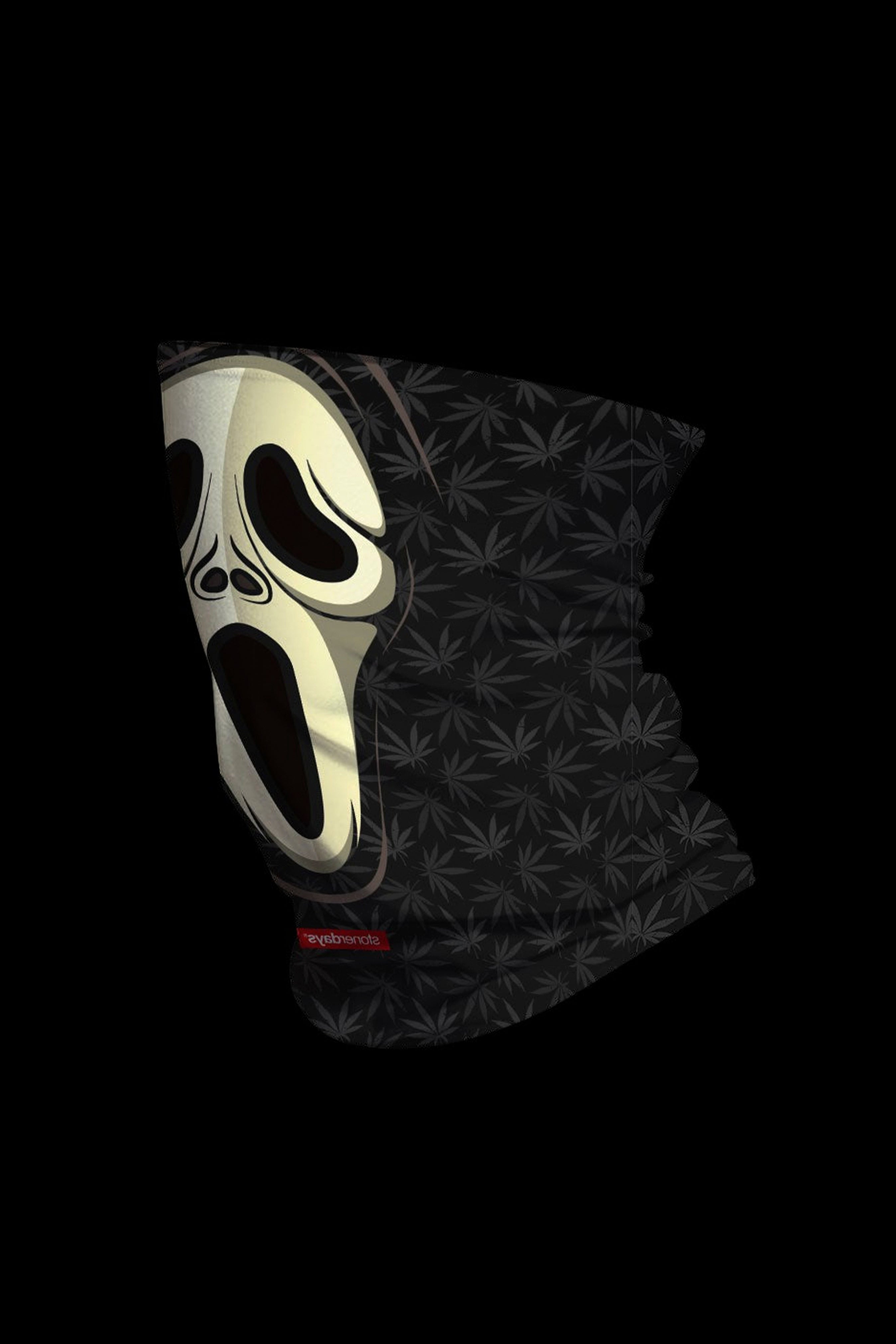 Scream mask beanie with cannabis leaf pattern.