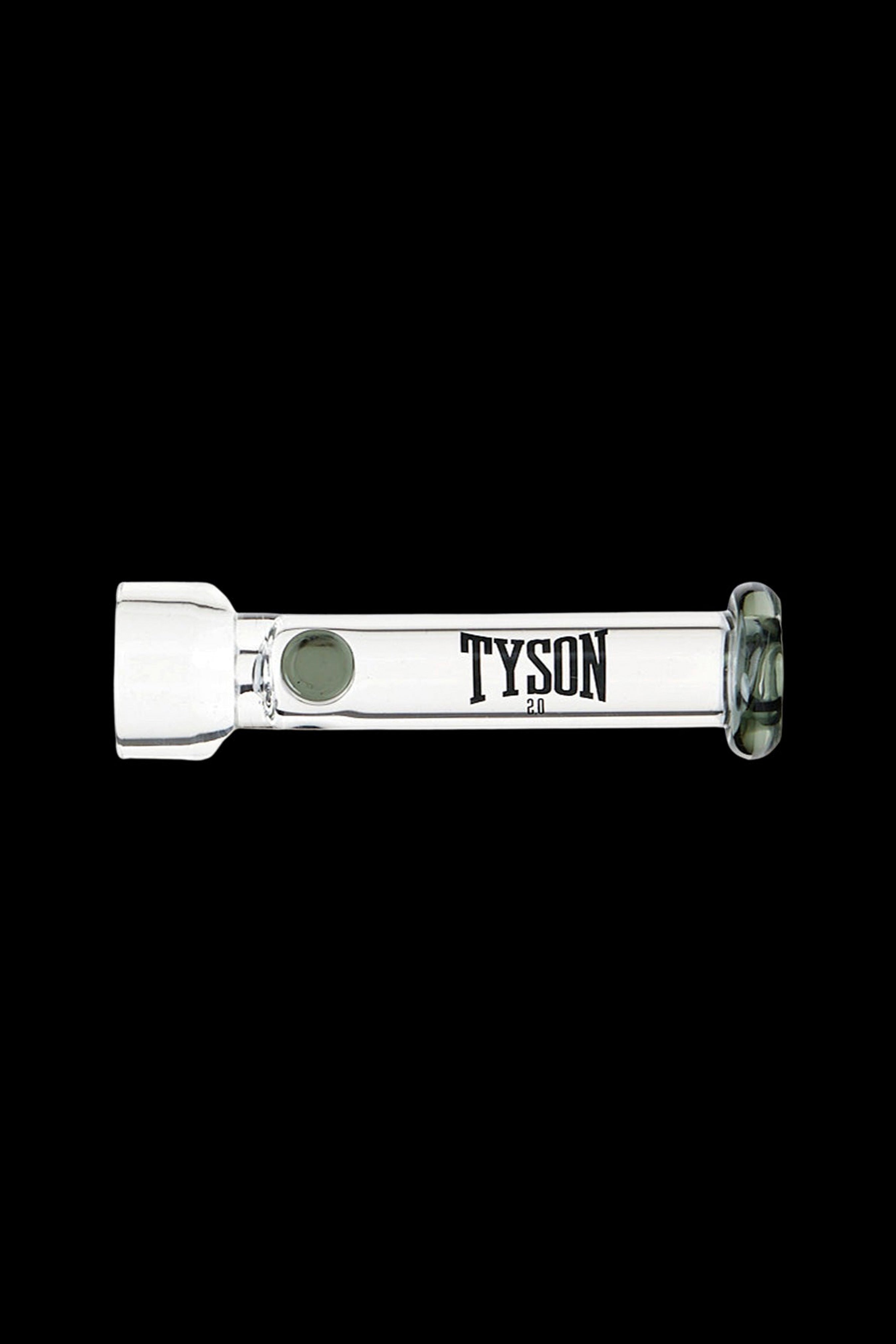 Silver cannabis pipe with "TYSON 2.0" branding, isolated on a black background.