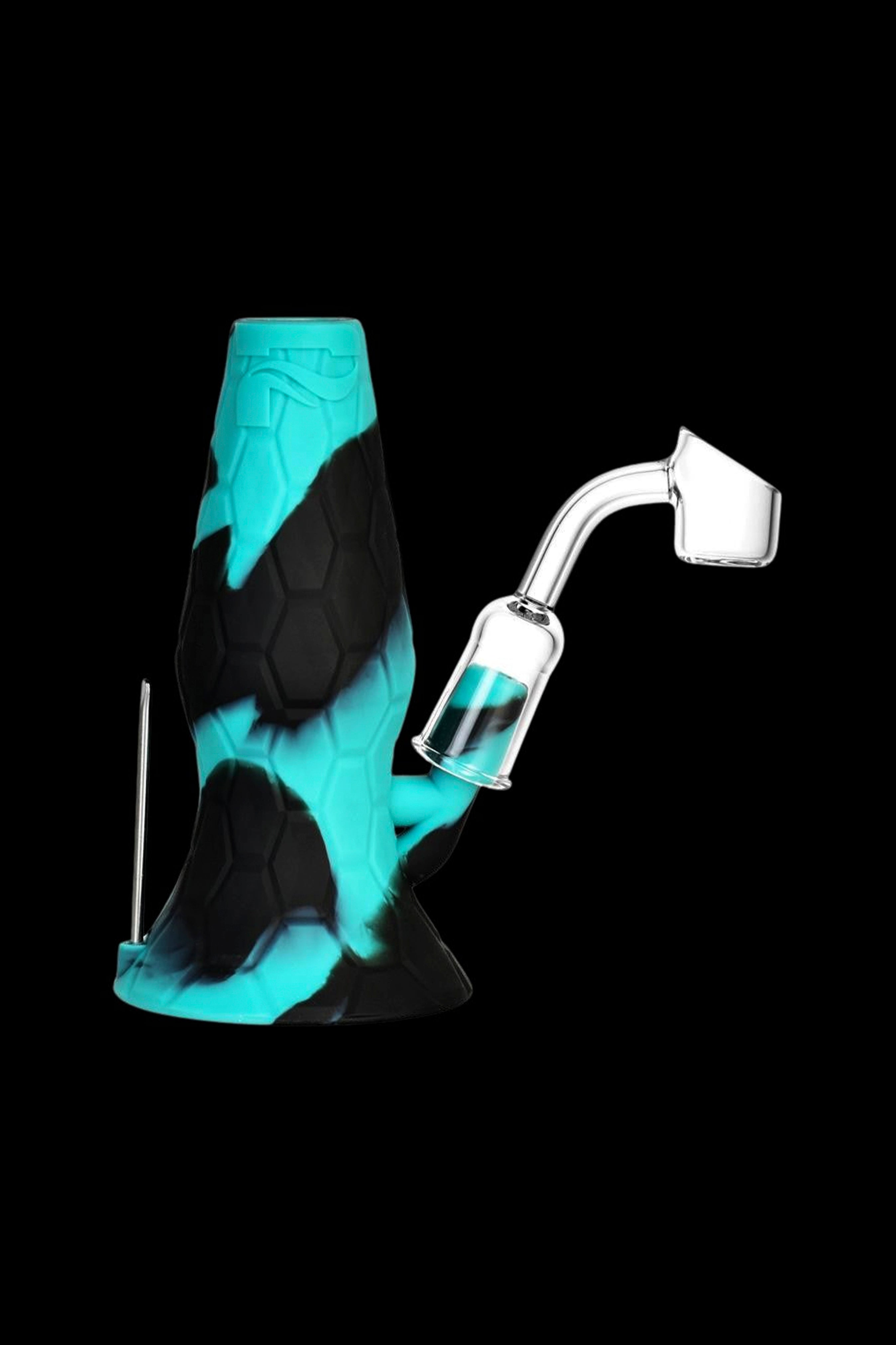 Blue and black silicone dab rig with a quartz banger and dab tool against a black background.