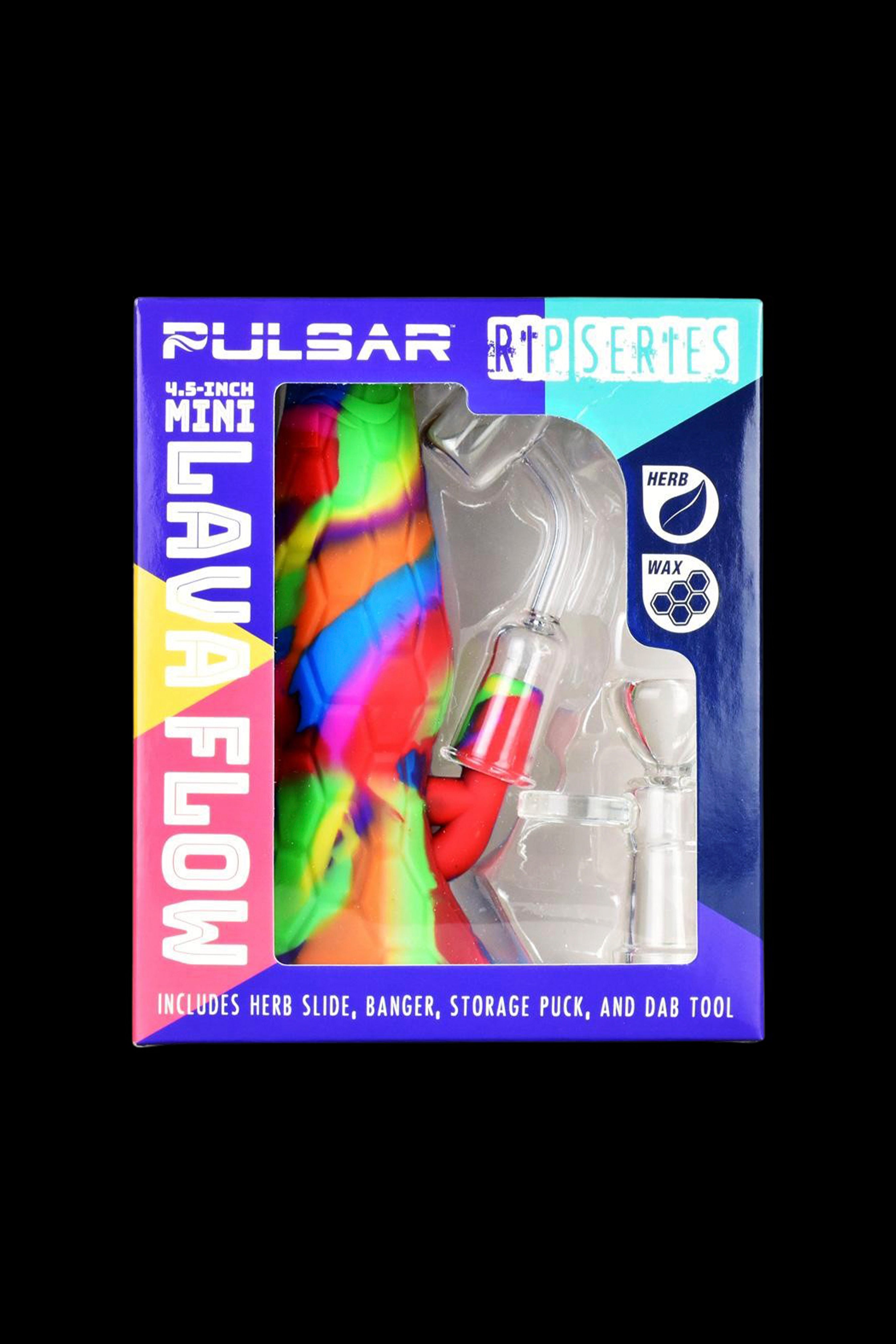 A packaged cannabis accessory, the Pulsar RTP Series Lava Flow Mini, featuring a colorful, sculpted glass piece with included herb slide, banger, storage puck, and dab tool.