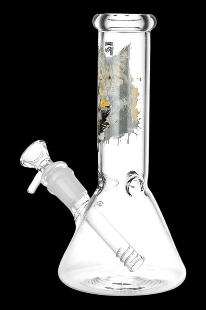 Glass bong with a cat graphic.