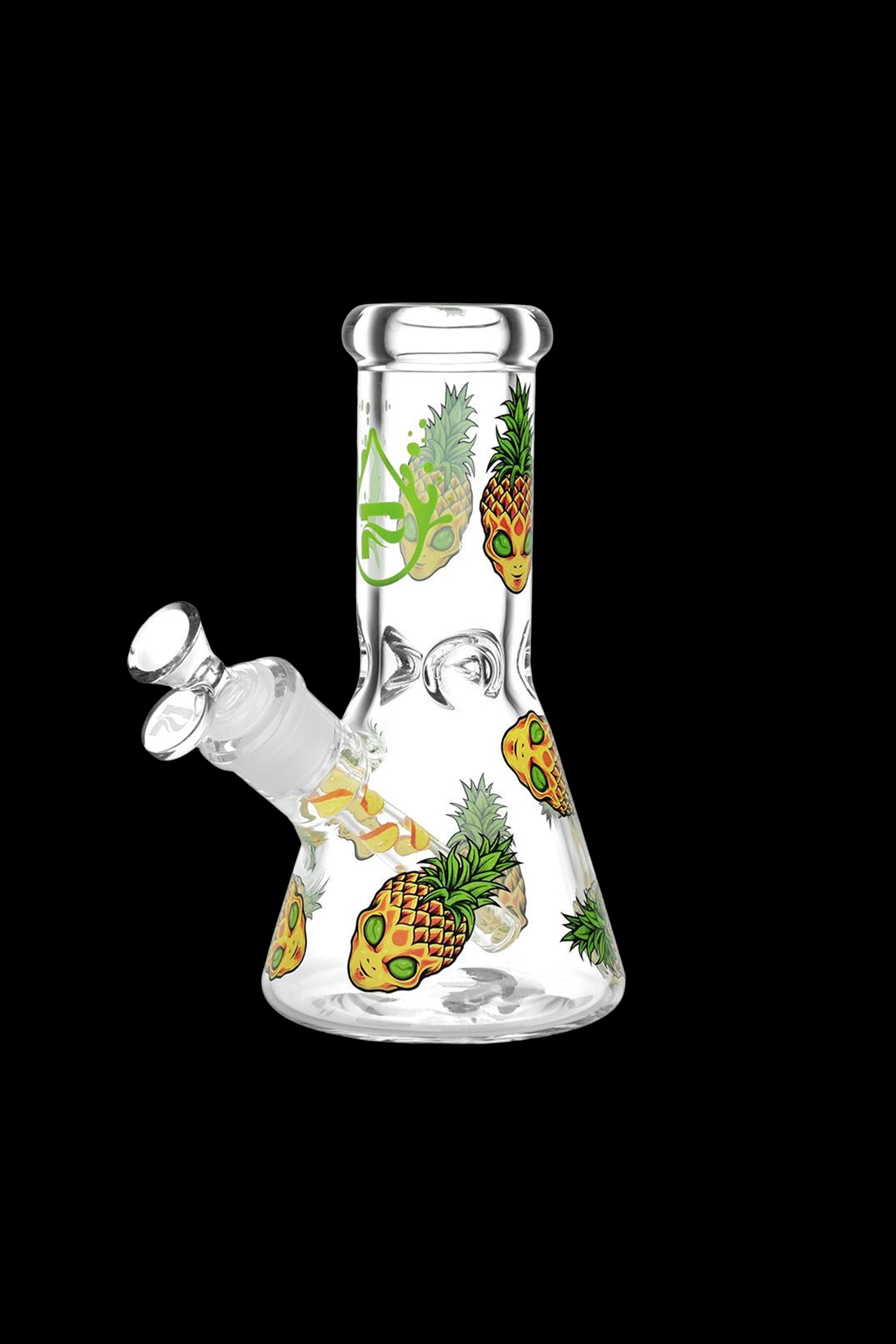 Glass bong decorated with colorful pineapple and alien designs.