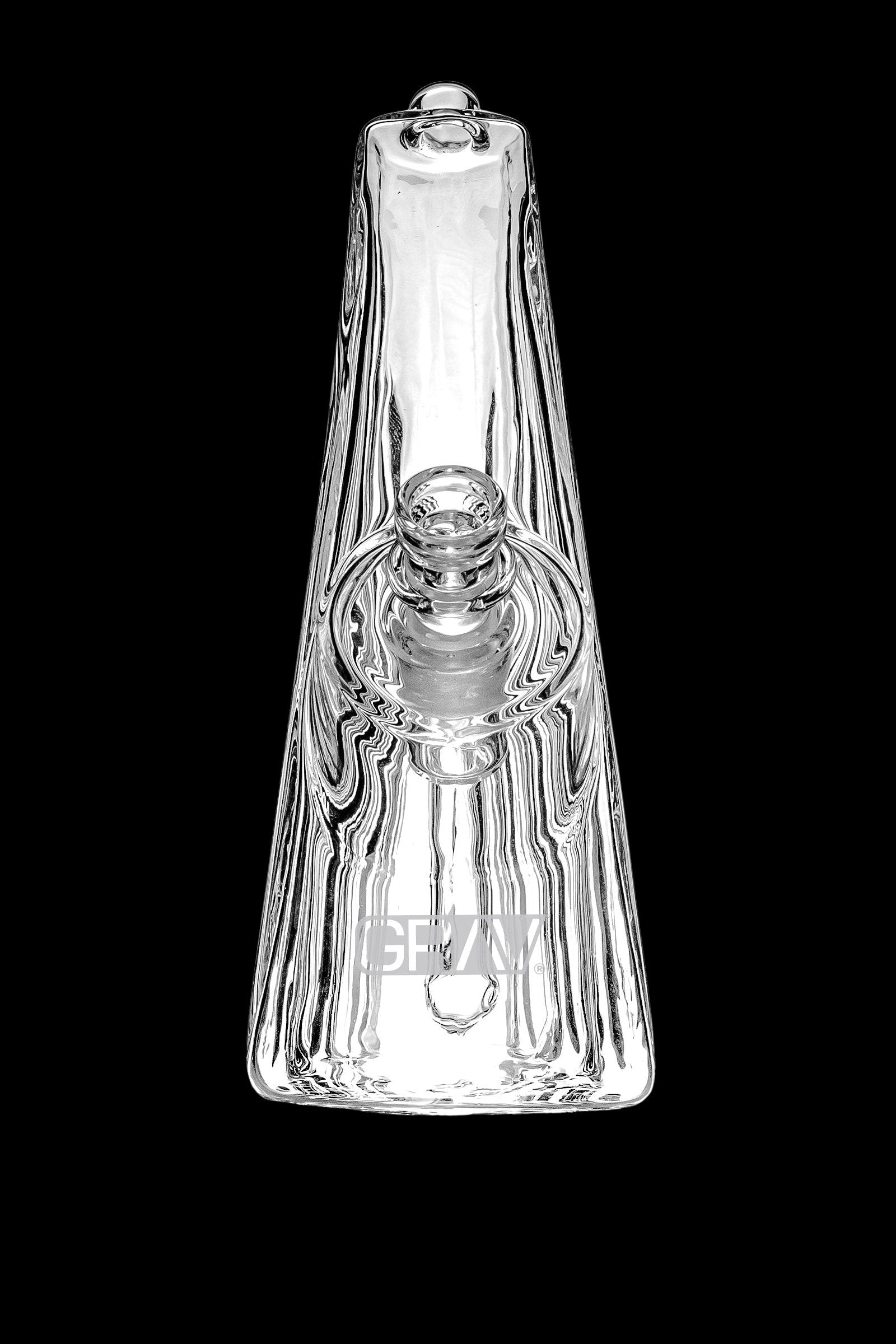 Clear glass rig with intricate swirling patterns, isolated on a black background.