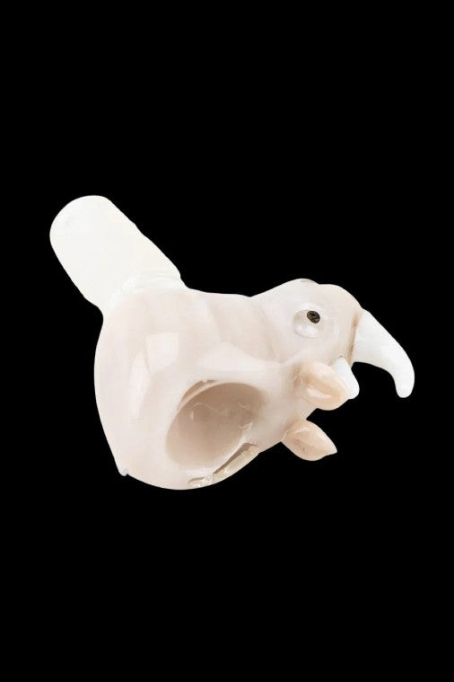 Cream-colored glass pipe shaped like a kiwi bird.