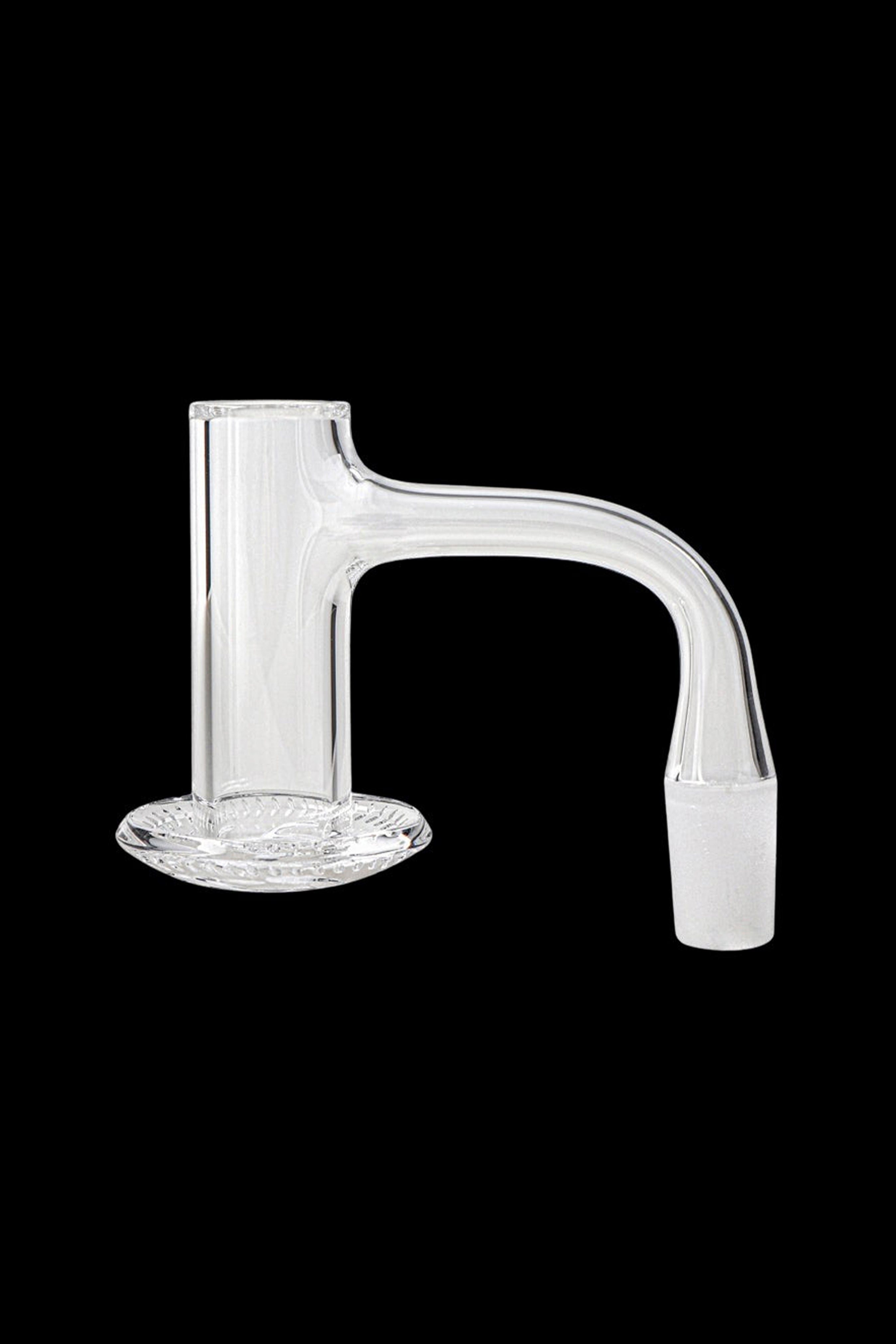 Clear glass dab rig banger with a rounded base and angled neck.