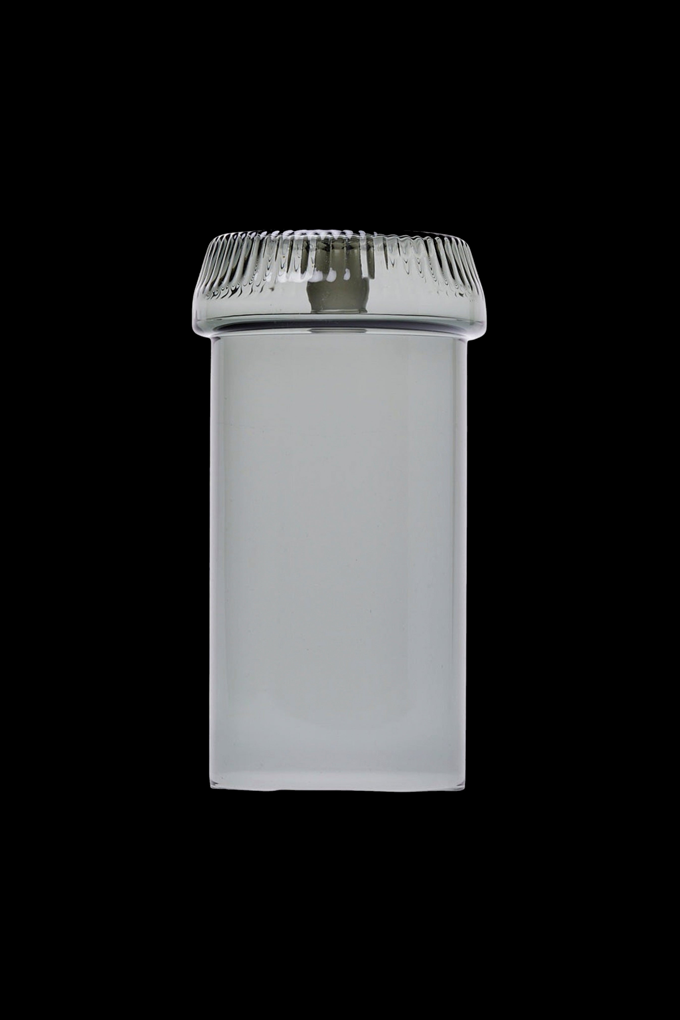Clear glass cannabis storage jar with screw-on lid.