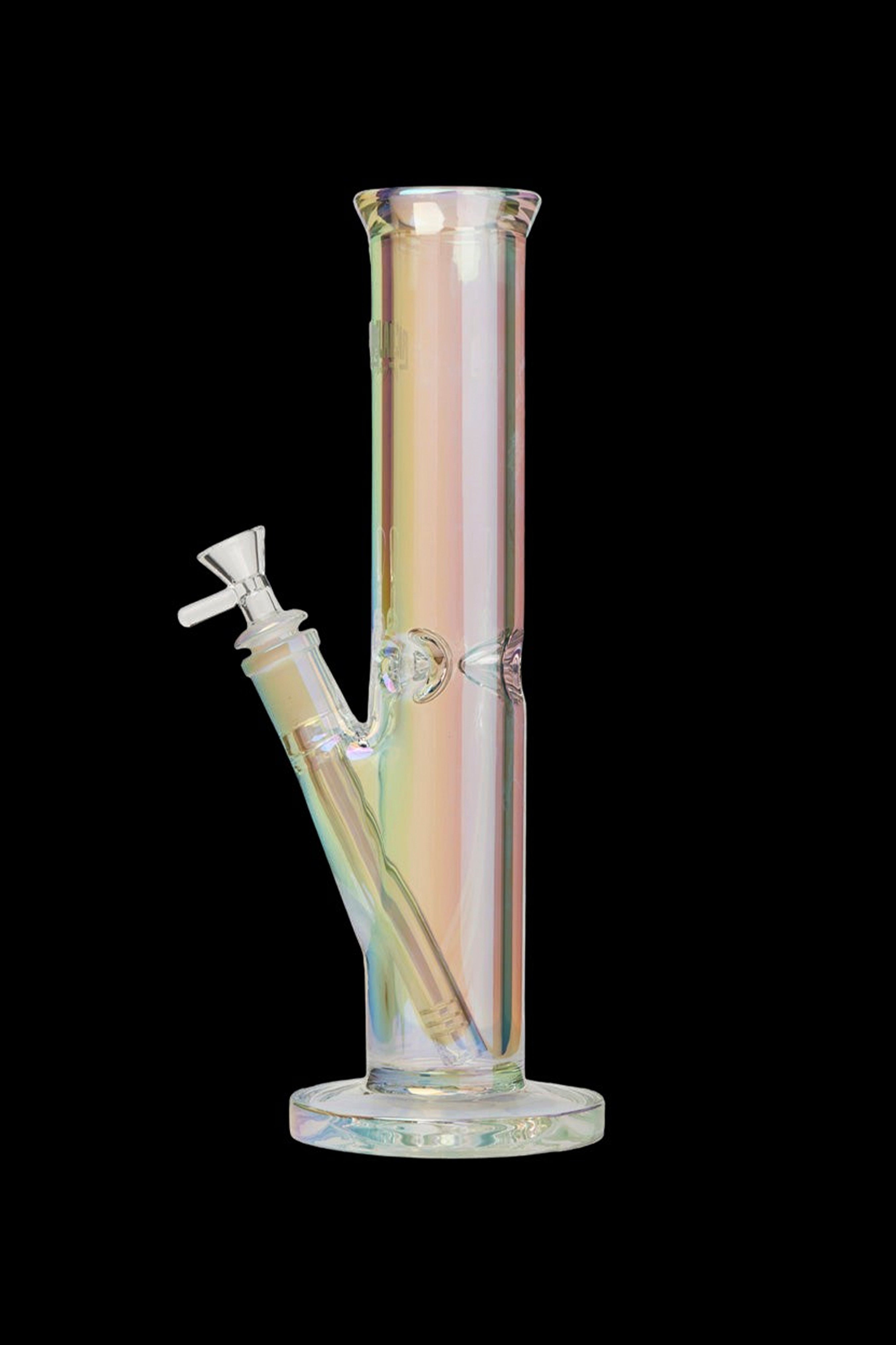 Iridescent glass water pipe (bong) with a flared mouthpiece and side-mounted downstem.