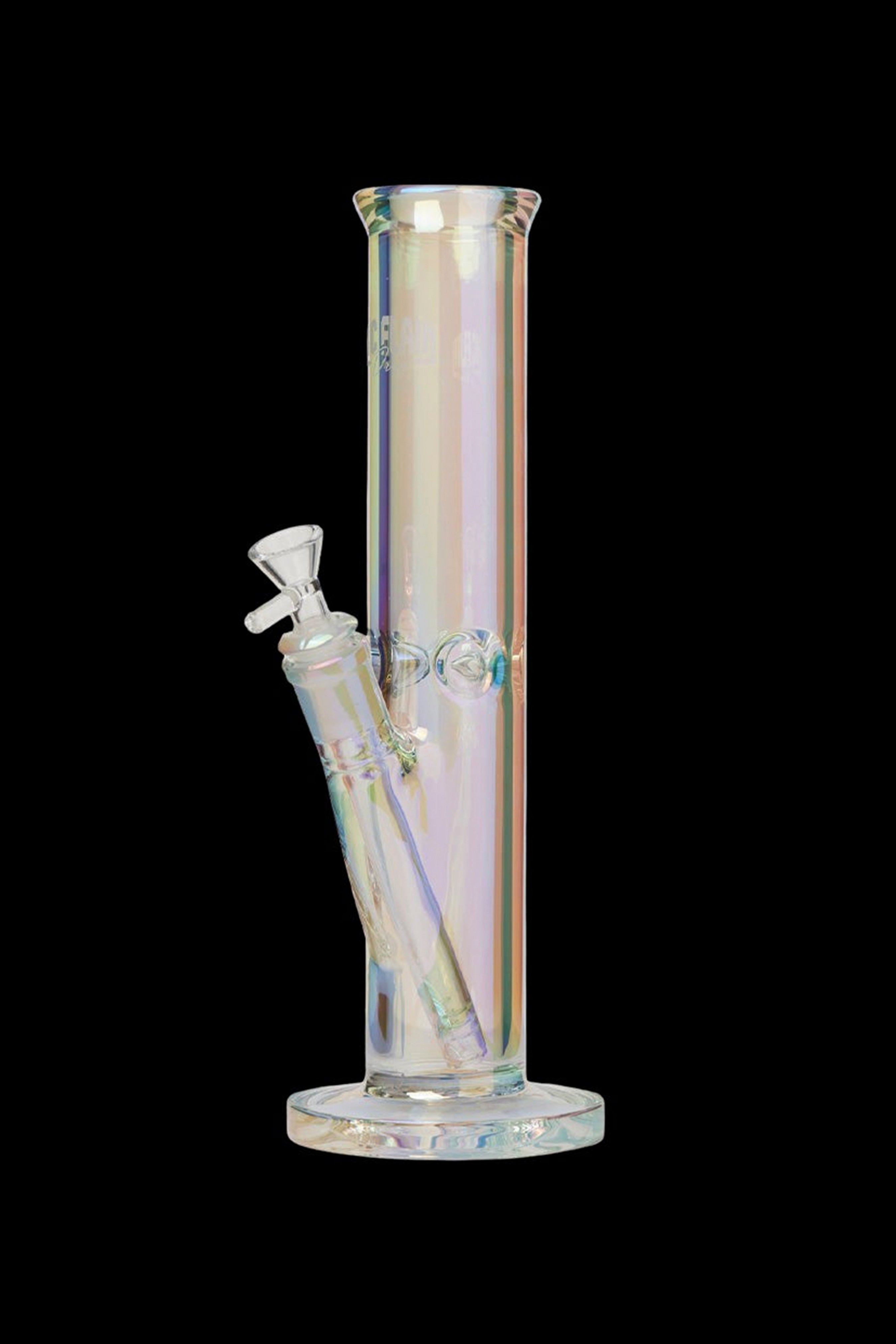 Iridescent glass water pipe with a flared mouthpiece and downstem.