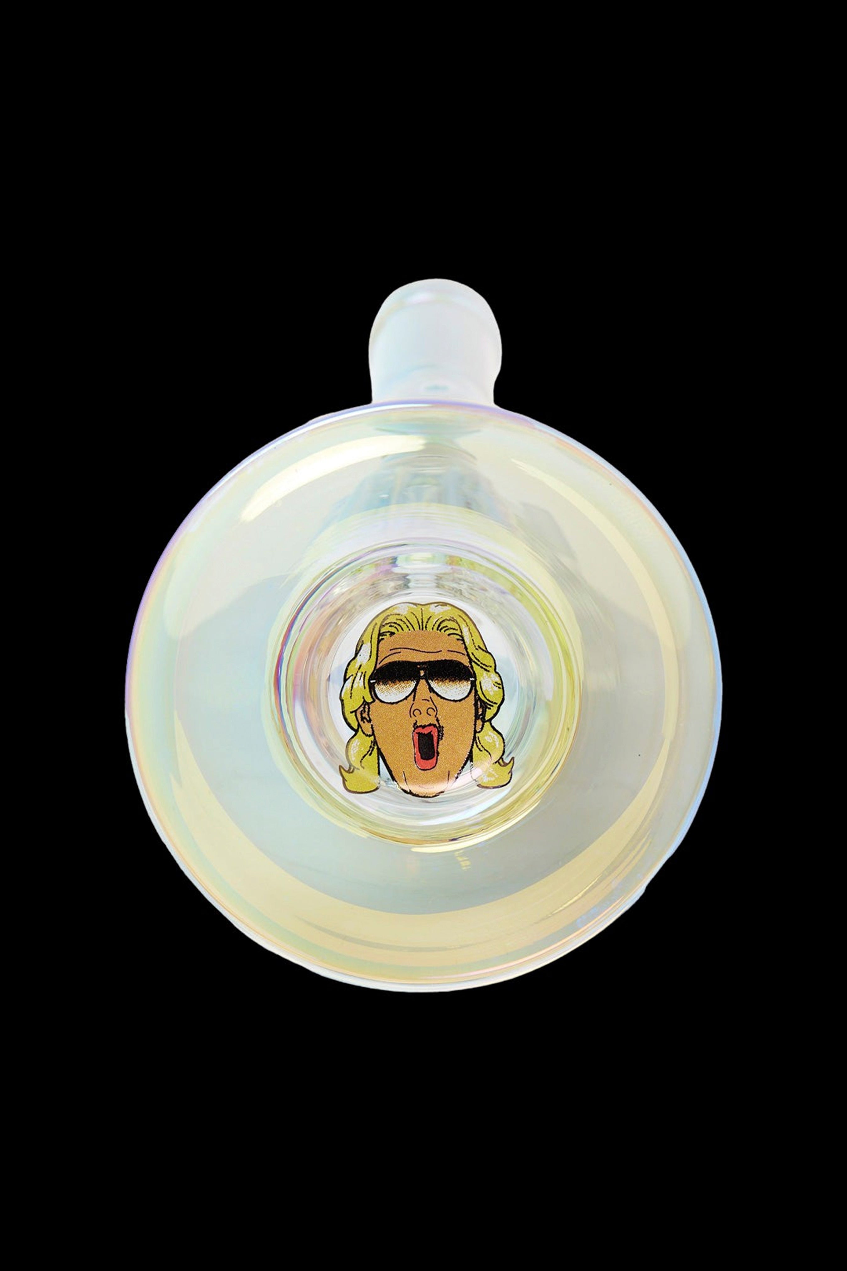 Iridescent glass bubbler with a cartoon portrait of a blonde woman wearing sunglasses.