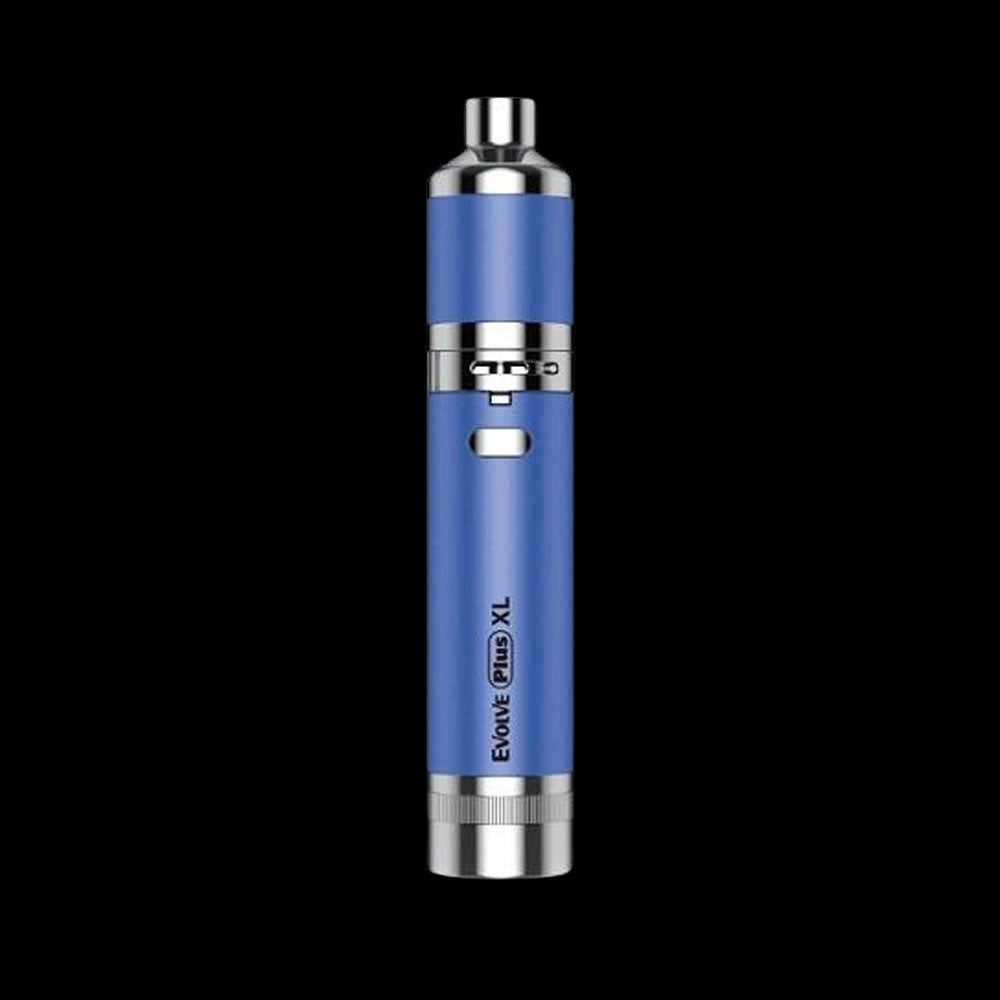 Blue cannabis oil vape pen with “Evolve Plus XL” text.