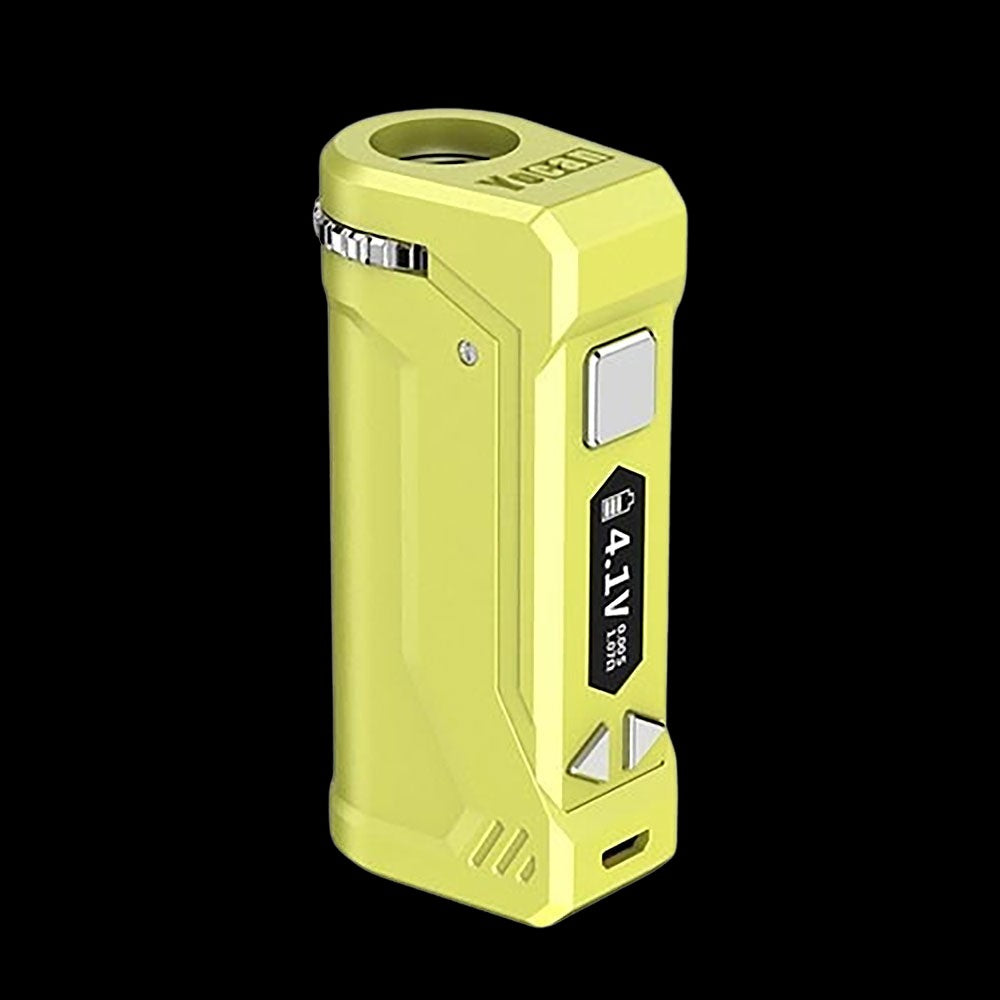 Yellow Yocan Evolve Plus XL vape pen with digital display.