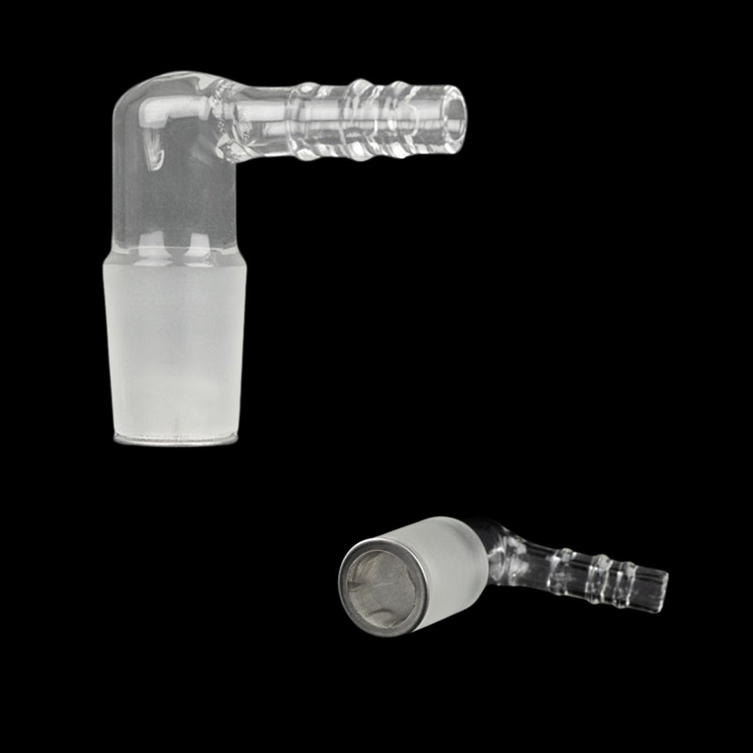 Clear glass 90-degree and 45-degree dab rig adapters against a black background.